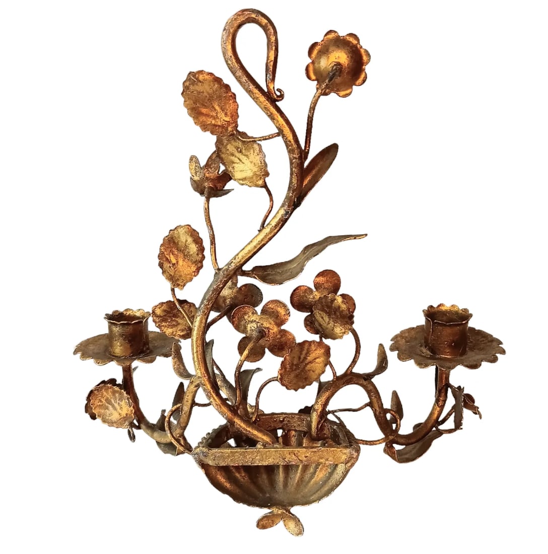 Vintqge Gold Gilt Candle Wall Sconces Two Arm Flowers and Leaves Set of Two - 3