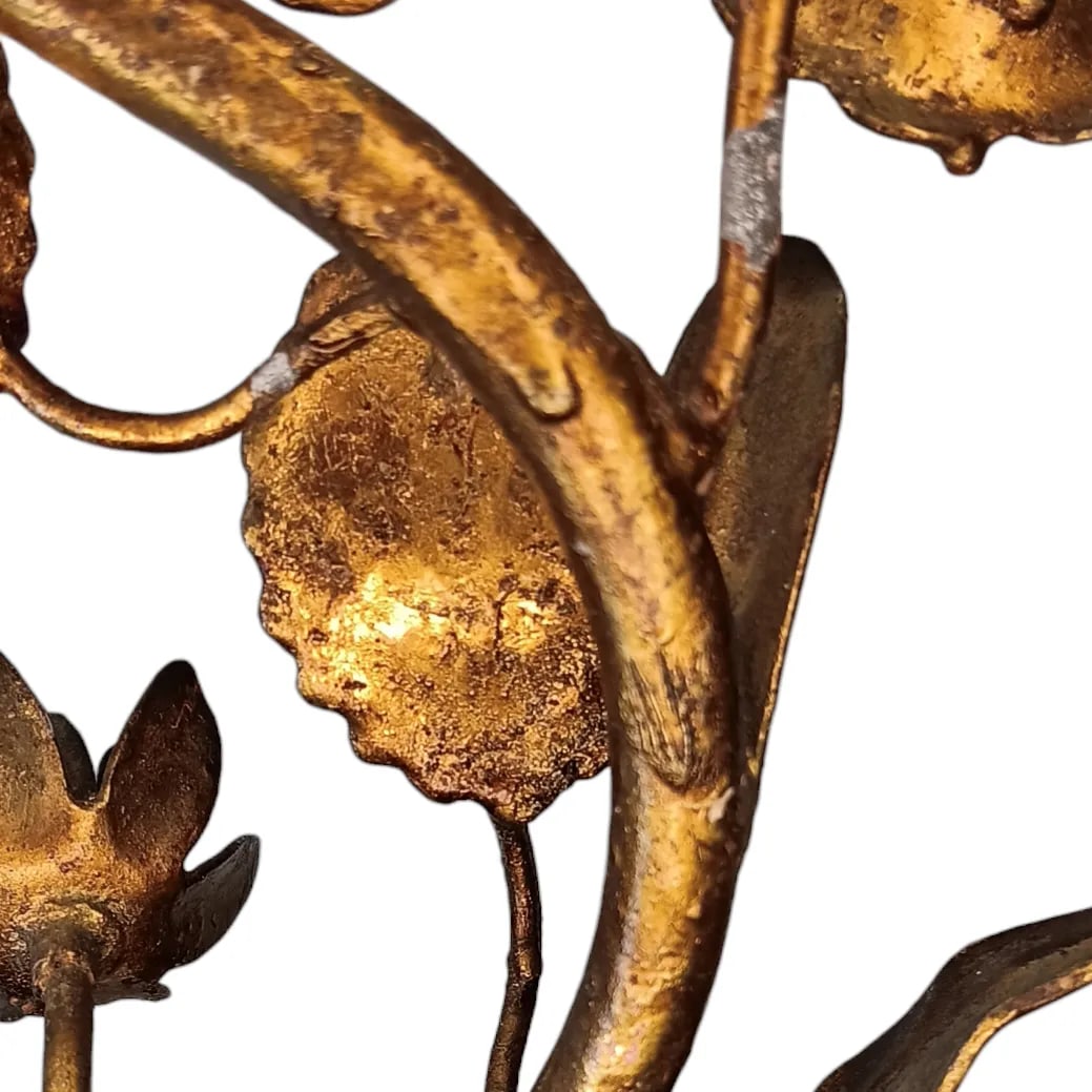 Vintqge Gold Gilt Candle Wall Sconces Two Arm Flowers and Leaves Set of Two - 7