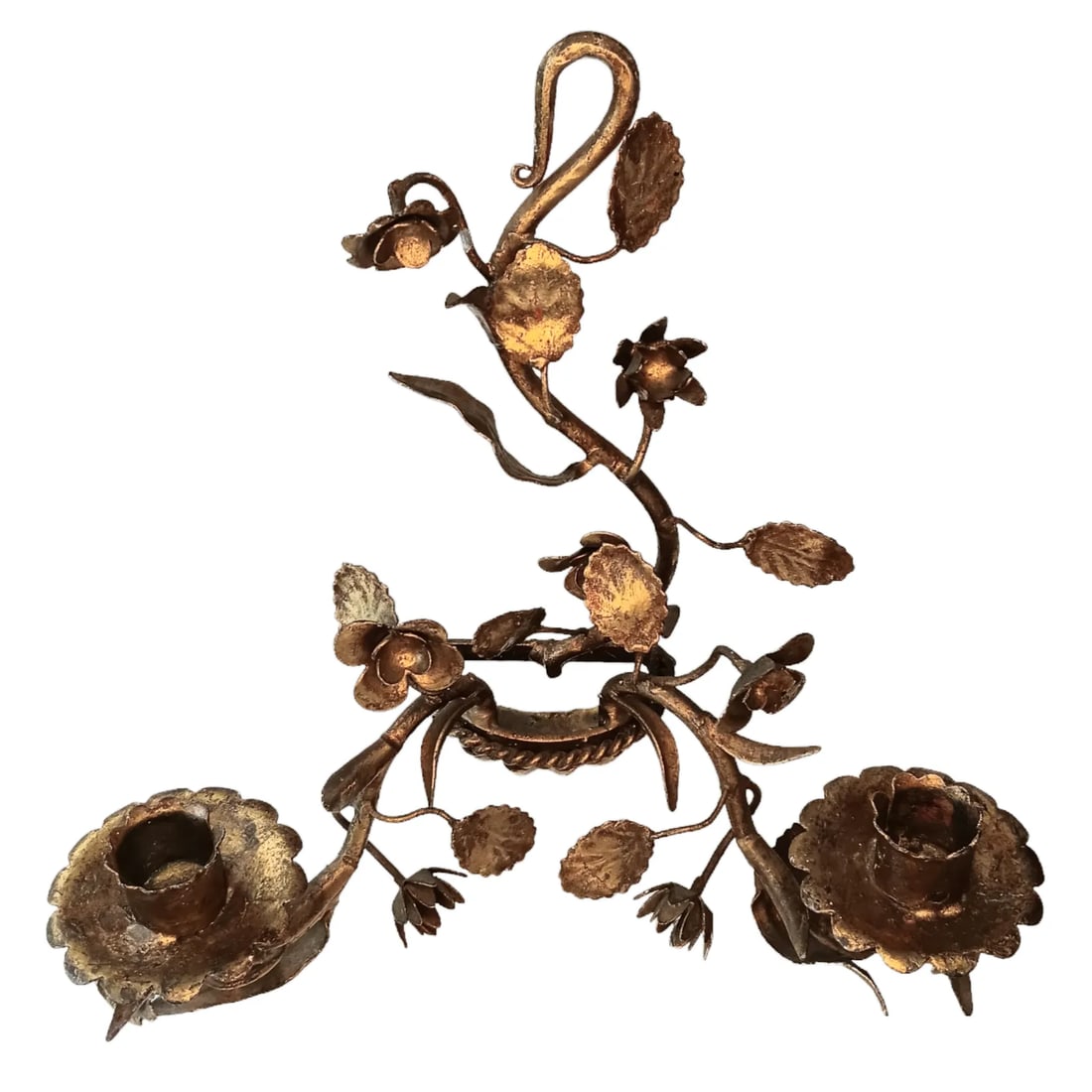 Vintqge Gold Gilt Candle Wall Sconces Two Arm Flowers and Leaves Set of Two - 9
