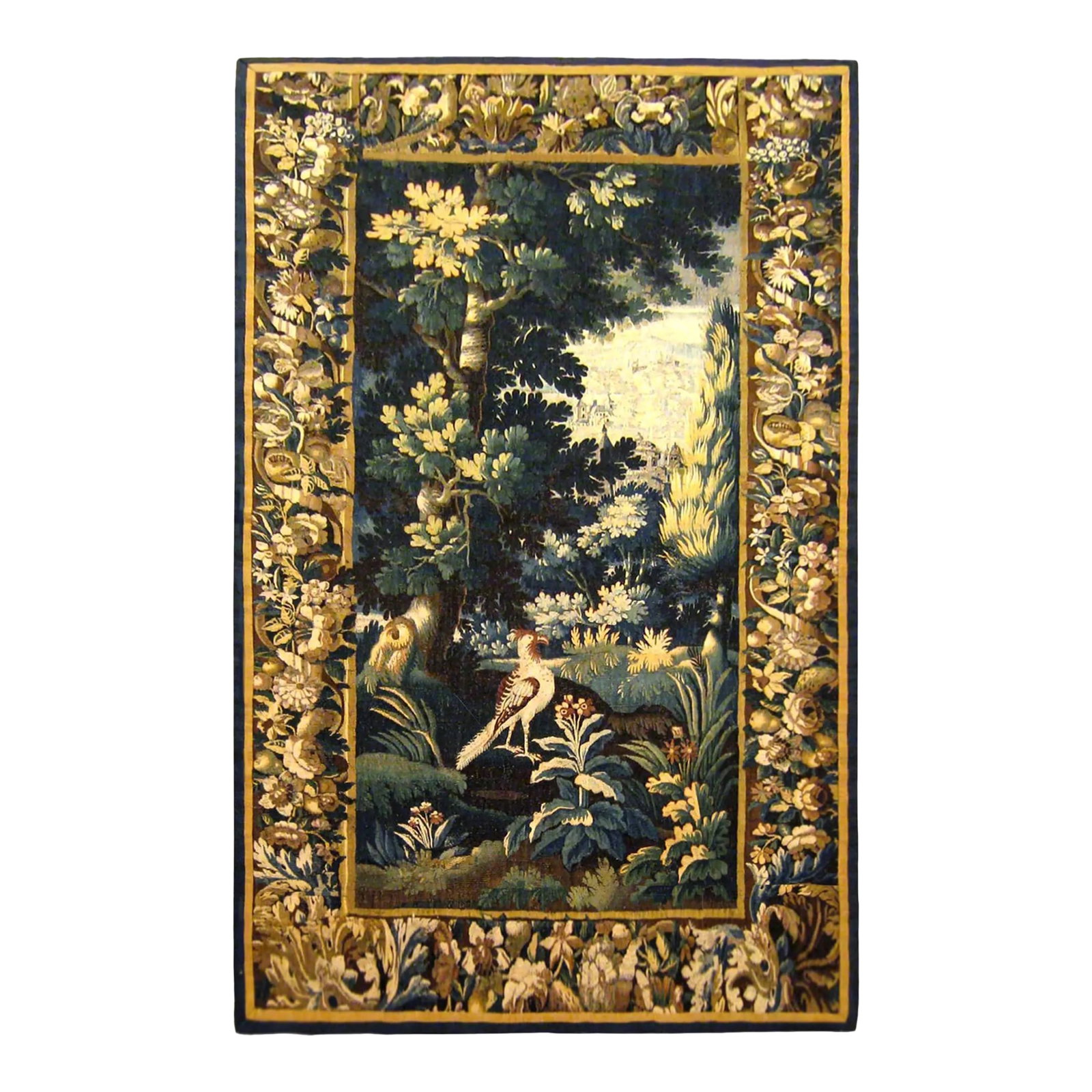 Antique 18th Century Flemish Verdure Tapestry 'from Ralph Lauren Window Display': An antique 18th century Flemish verdure landscape tapestry, size: 8.0 H x 4.6 W. This fine handwoven European wall hanging features a lovely landscape scene, with an exotic bird in a lush verdant