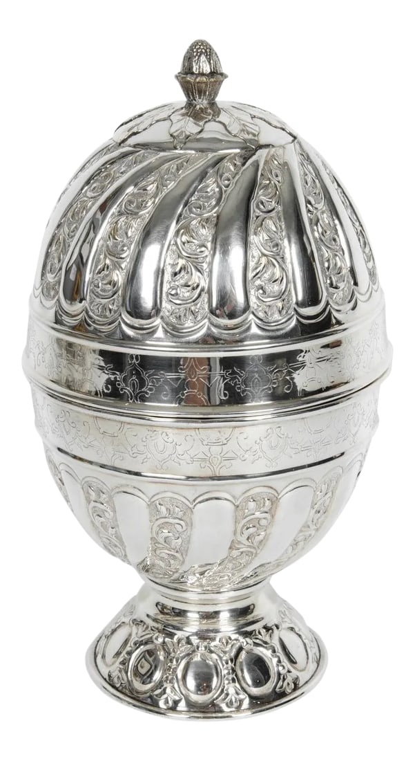 Sheffield Silver Plated Egg Shape Liquor Cave - 7 Piece Set: Old Sheffield collection silver plate / copper egg shape form liquor cave with exterior design details. Set include decanter. Five shot glass with holder, plus the cave. Each piece is in excellent con