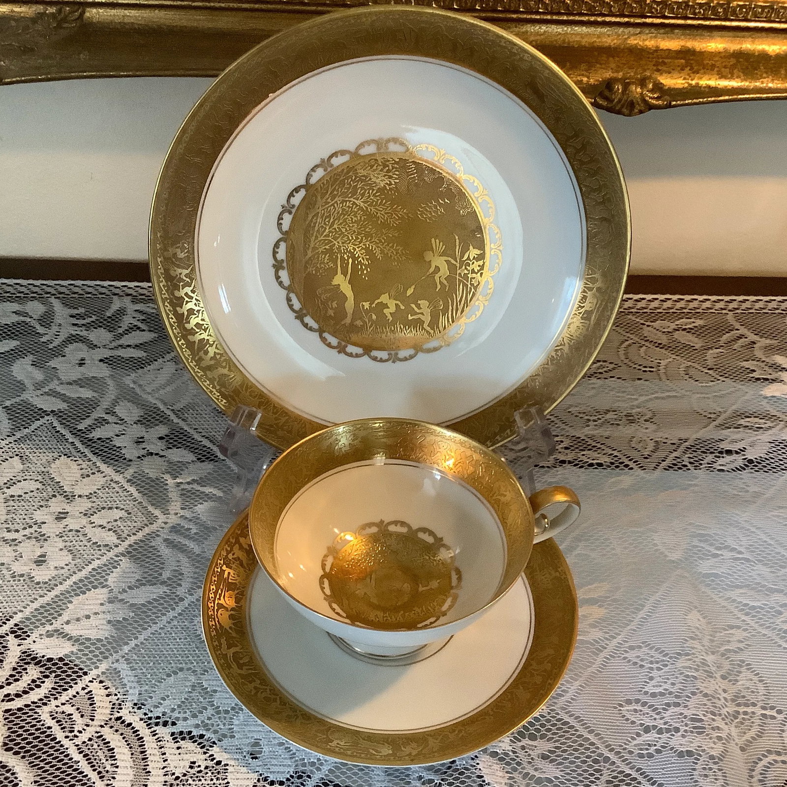 Bavarian Gilded Nymphs and Fairies Motif Tea Cup & Plates - 3
