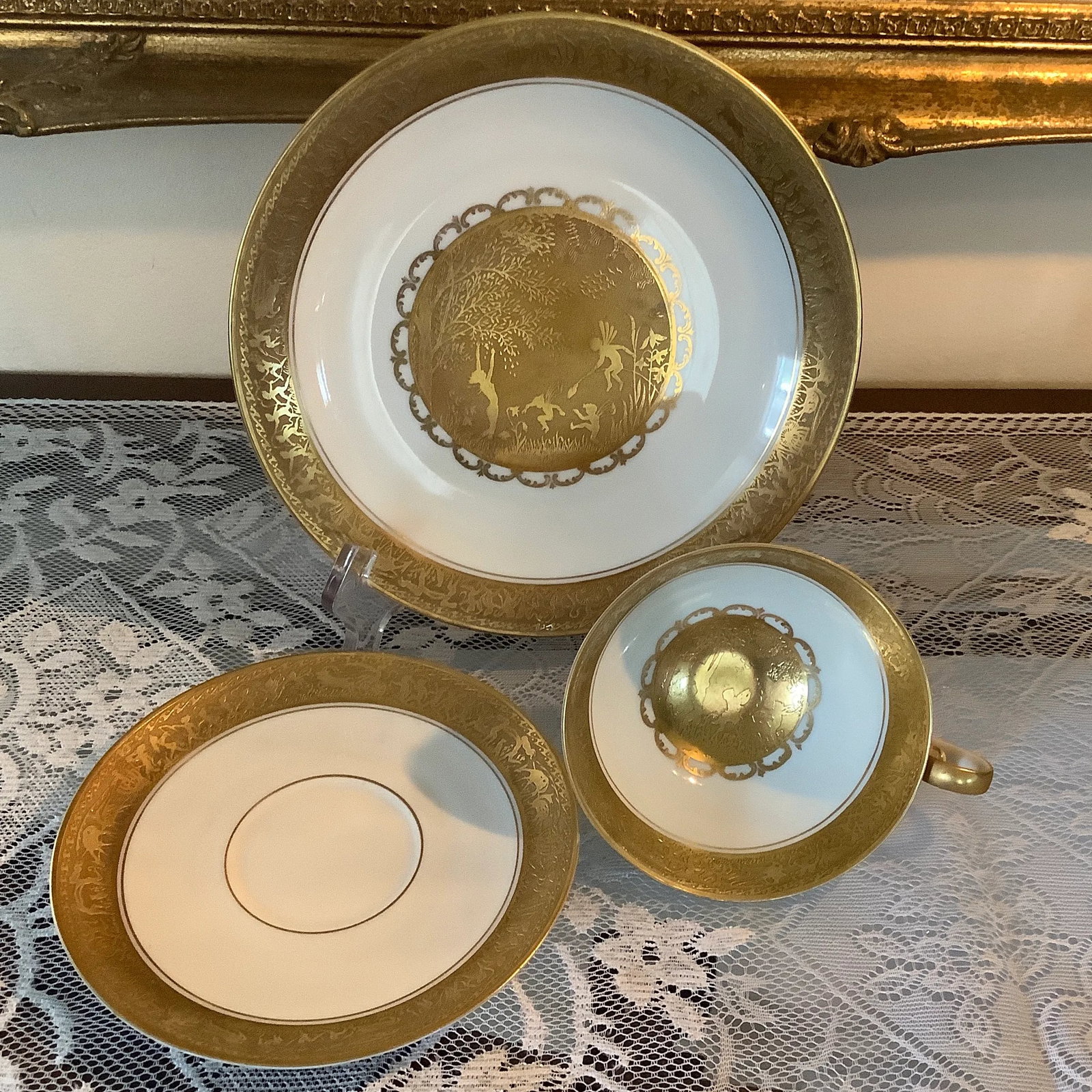 Bavarian Gilded Nymphs and Fairies Motif Tea Cup & Plates - 7