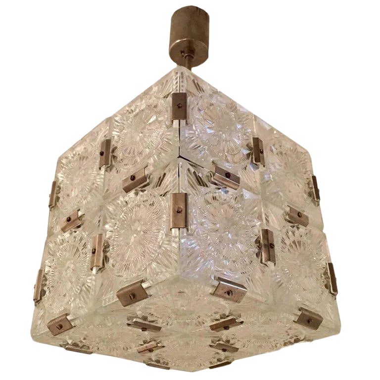 1960s Czech Kamenicky Senov Crystal Pendant: A wonderful modern cube crystal pendant made by the Czech firm, Kamenicky Senov. Great for an entryway or bathroom. Can be shortened. Rewired. Condition: Alterations: Restored Imperfections: Some Impe
