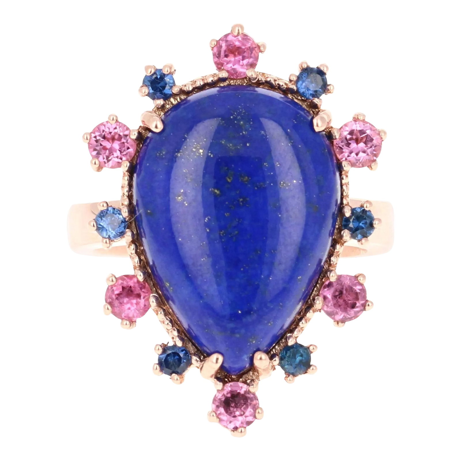 9.04 Carat Lapis Lazuli Tourmaline and Sapphire Cocktail Rose Gold Ring Size 7: 9.04 Carat Lapis Lazuli Tourmaline and Sapphire Cocktail Rose Gold Ring A beauty to say the least! This unique ring has a beautiful deep blue/purple Pear Cut Lapis Lazuli that weighs 8.13 Carats. It