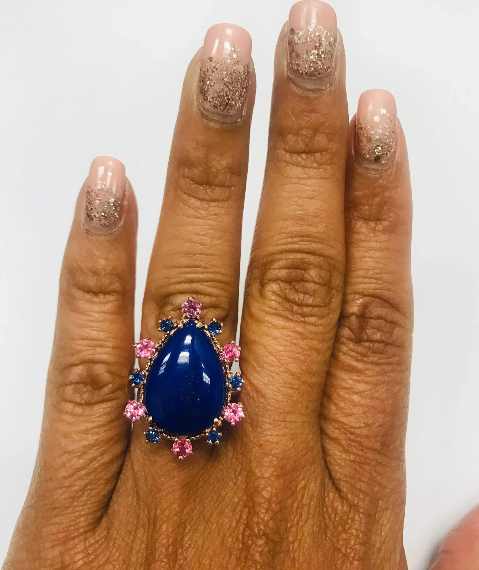 9.04 Carat Lapis Lazuli Tourmaline and Sapphire Cocktail Rose Gold Ring Size 7 - 7