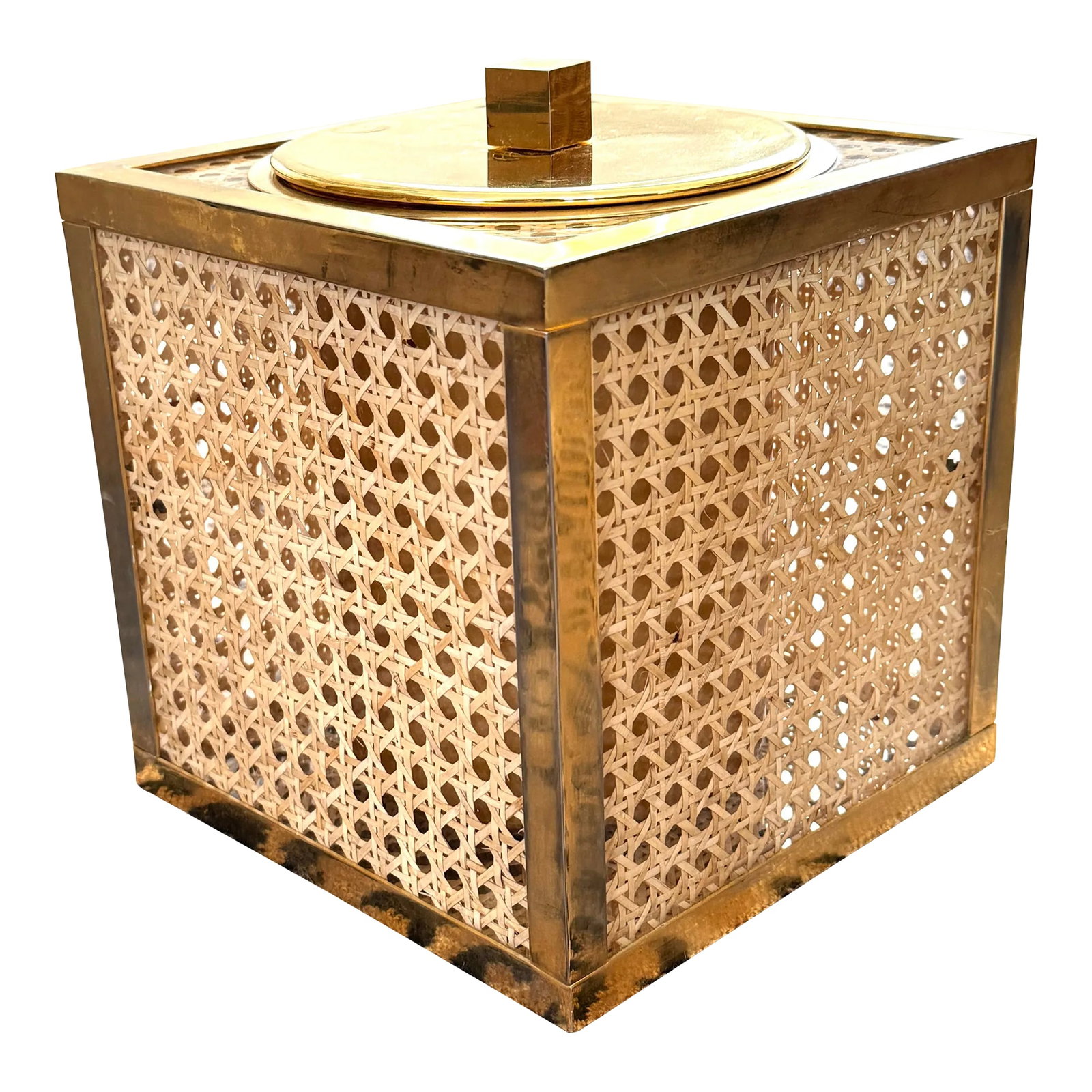 1970's Italian Lucite, Caning, Brass Ice Bucket Crespi/Dior Style: Vienna straw/rattan caning encased in lucite ice bucket or wine holder. Polishes brass edges. Metal insert with strainer on bottom (melted ice can be kept at bay). Square finial. Fantastic heavy