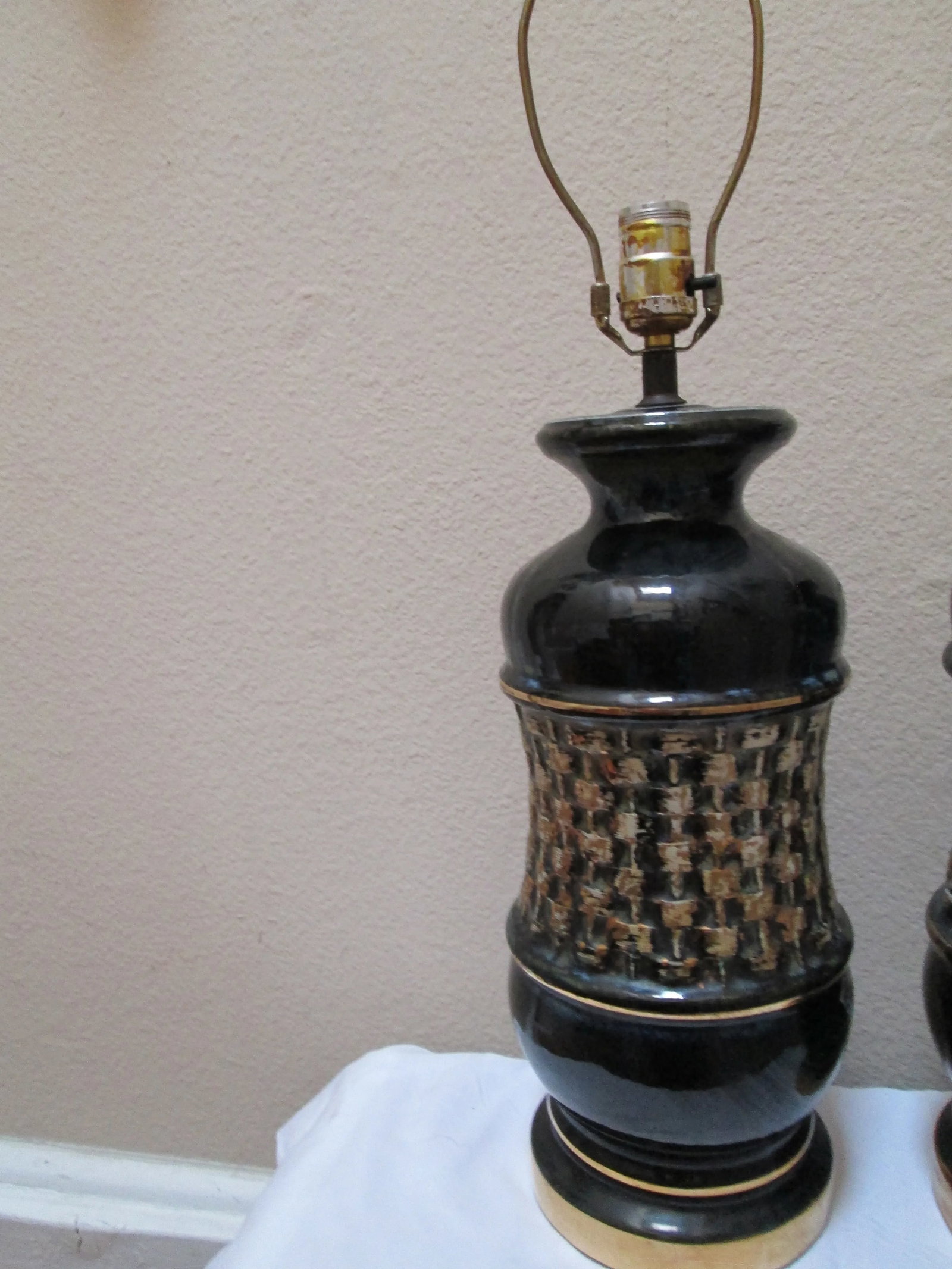 Mid Century Modern Black Ceramic Drip Gold Glaze Lamps - a Pair - 10