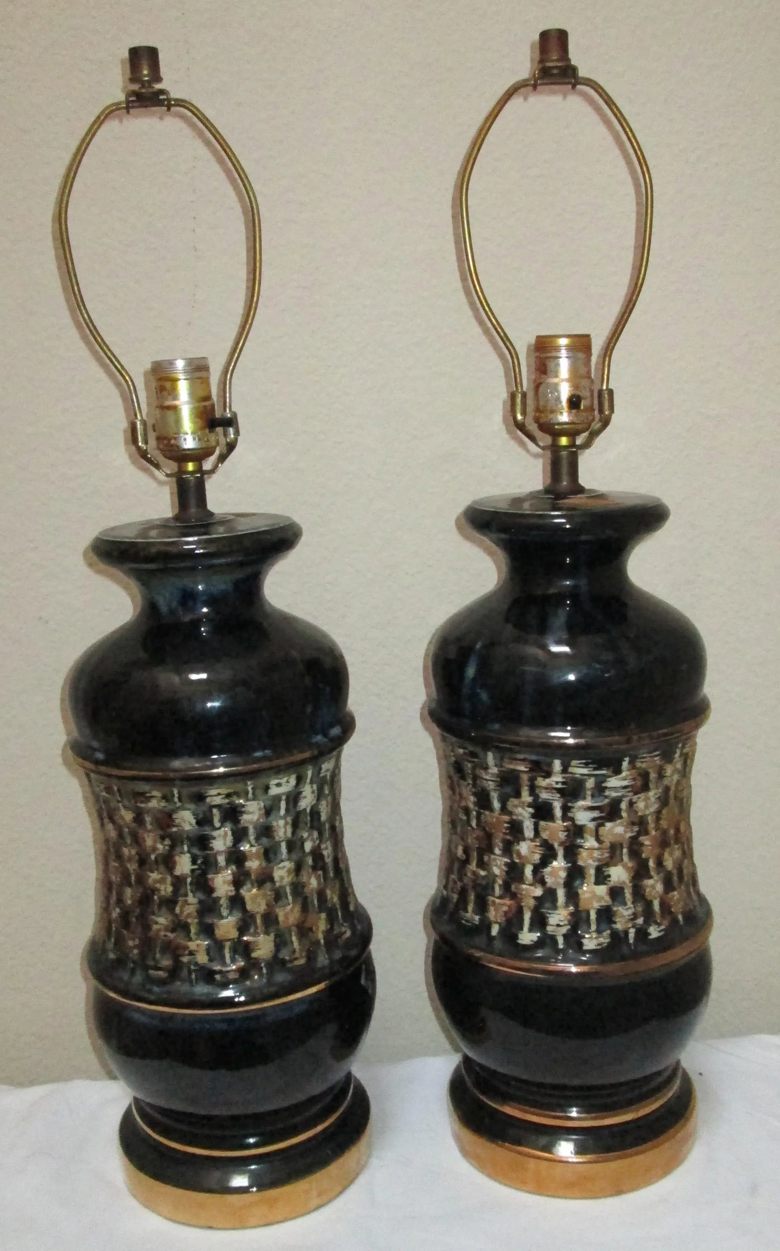 Mid Century Modern Black Ceramic Drip Gold Glaze Lamps - a Pair - 11