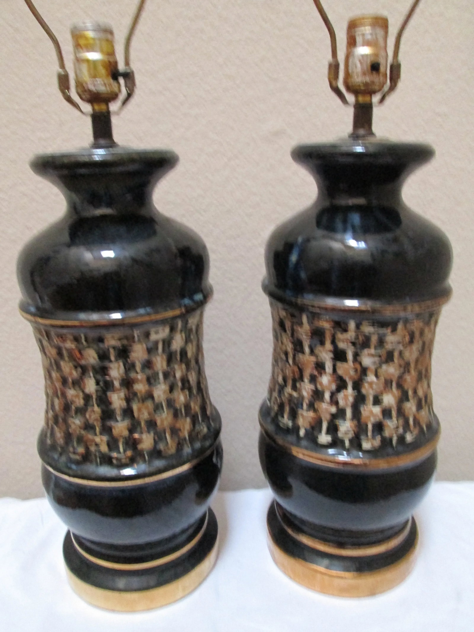 Mid Century Modern Black Ceramic Drip Gold Glaze Lamps - a Pair - 2