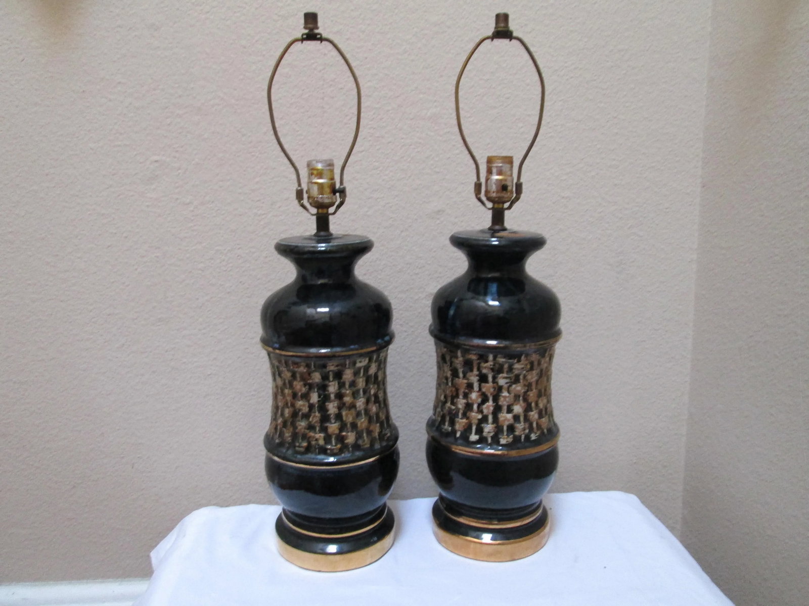Mid Century Modern Black Ceramic Drip Gold Glaze Lamps - a Pair - 3