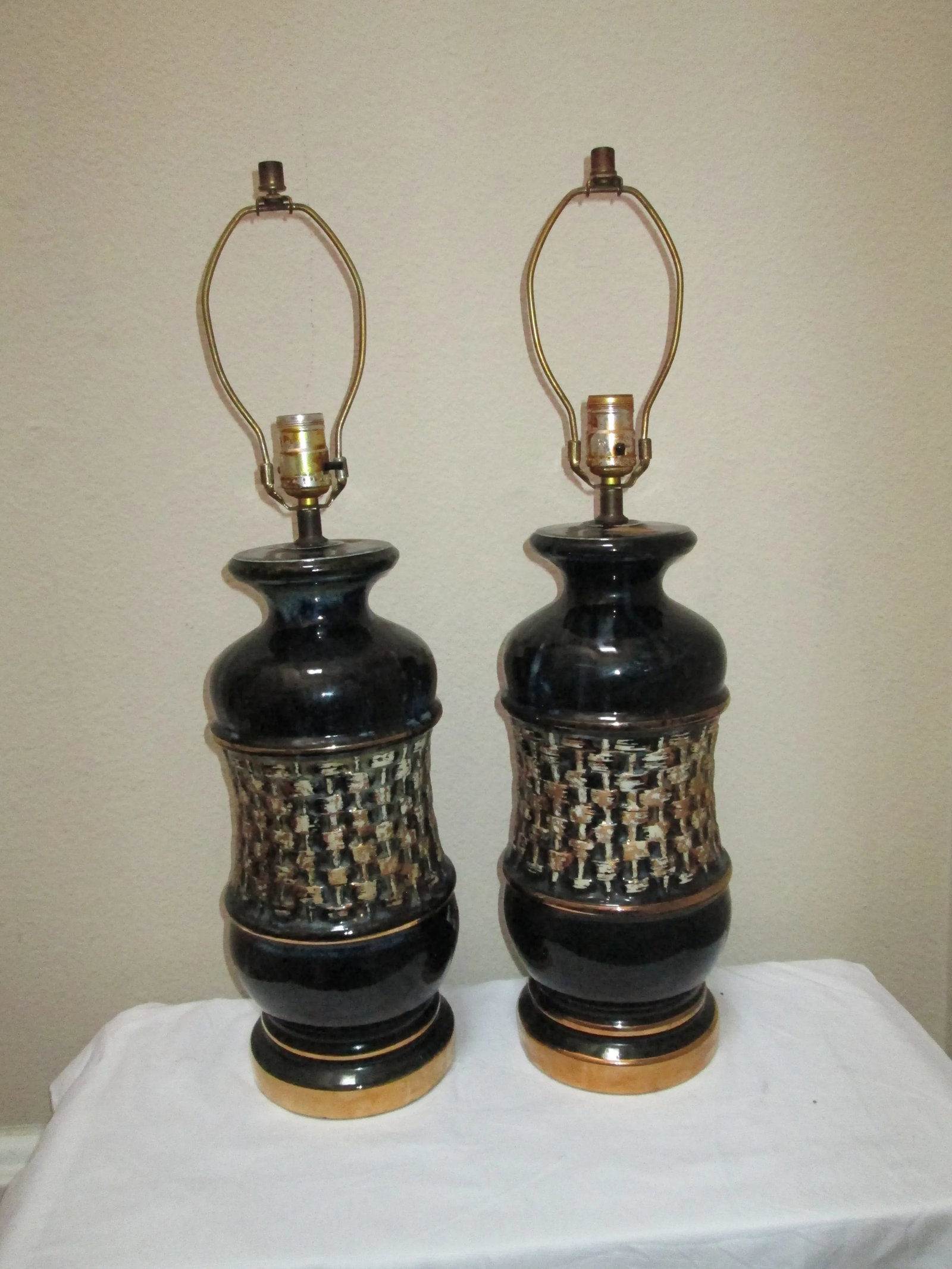 Mid Century Modern Black Ceramic Drip Gold Glaze Lamps - a Pair - 4