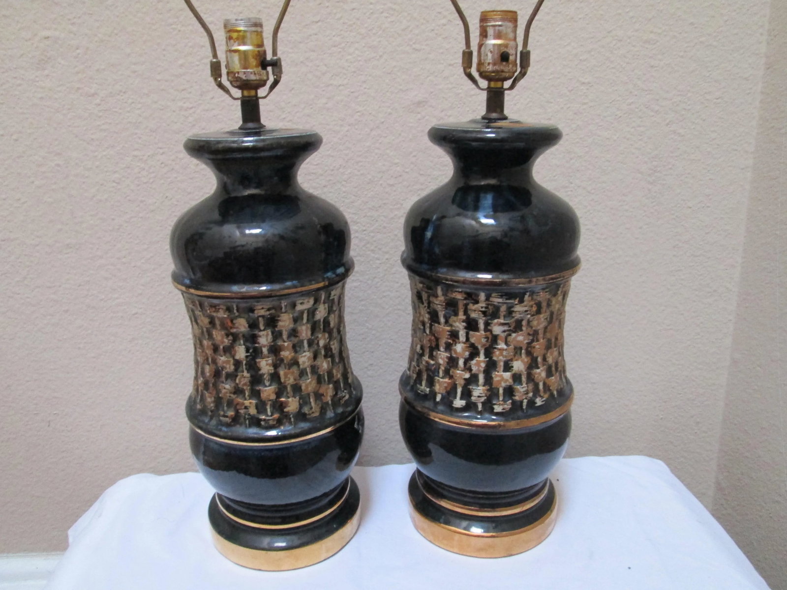 Mid Century Modern Black Ceramic Drip Gold Glaze Lamps - a Pair - 5