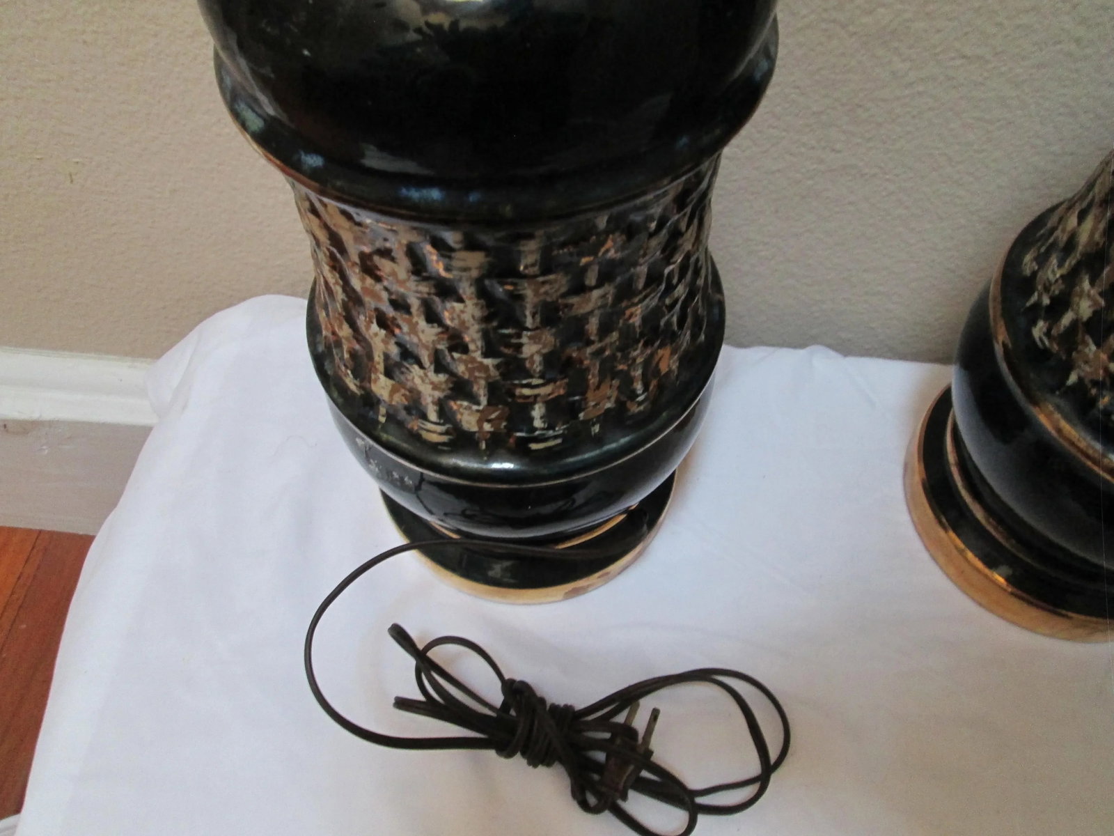 Mid Century Modern Black Ceramic Drip Gold Glaze Lamps - a Pair - 6