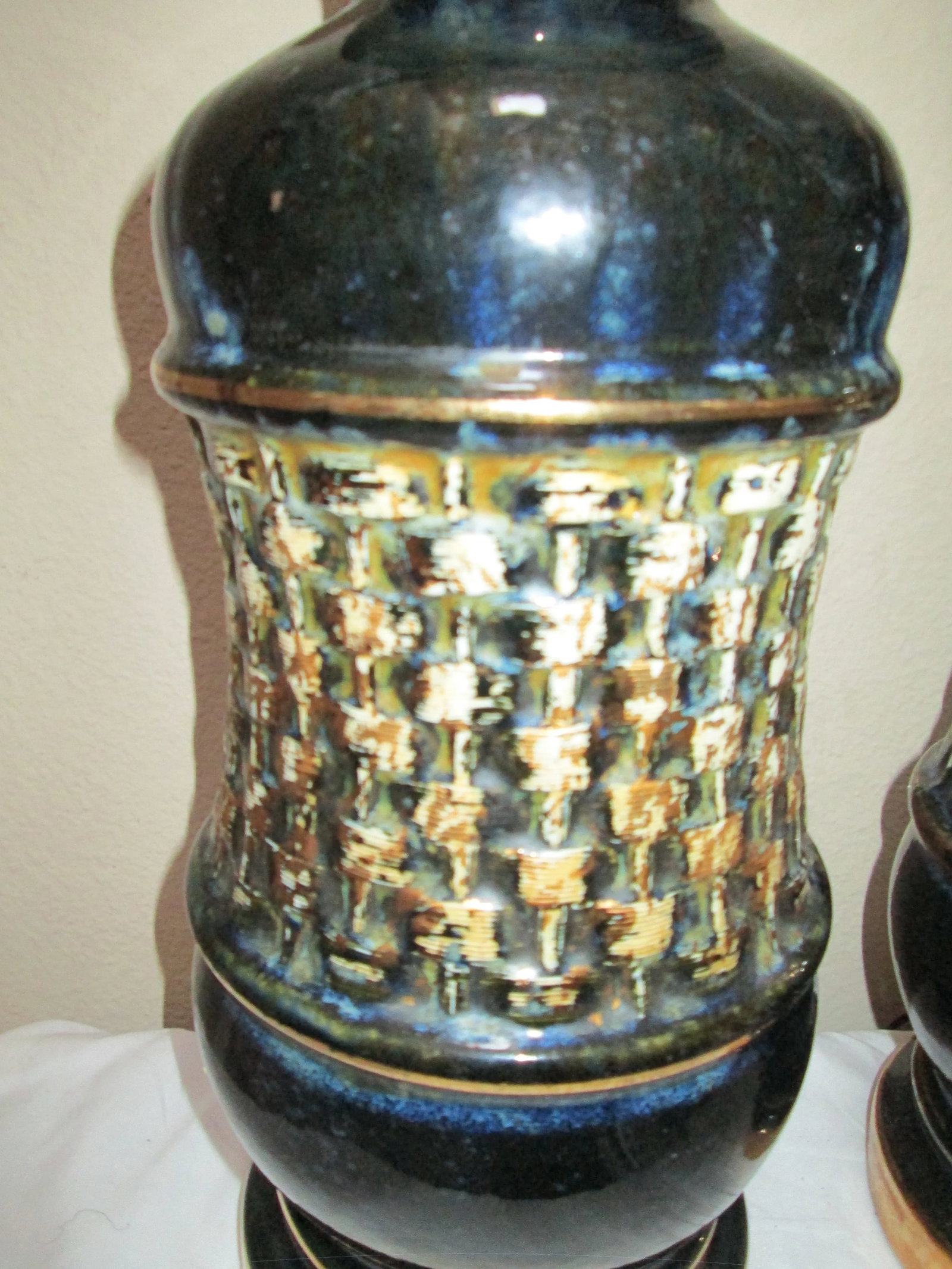 Mid Century Modern Black Ceramic Drip Gold Glaze Lamps - a Pair - 7