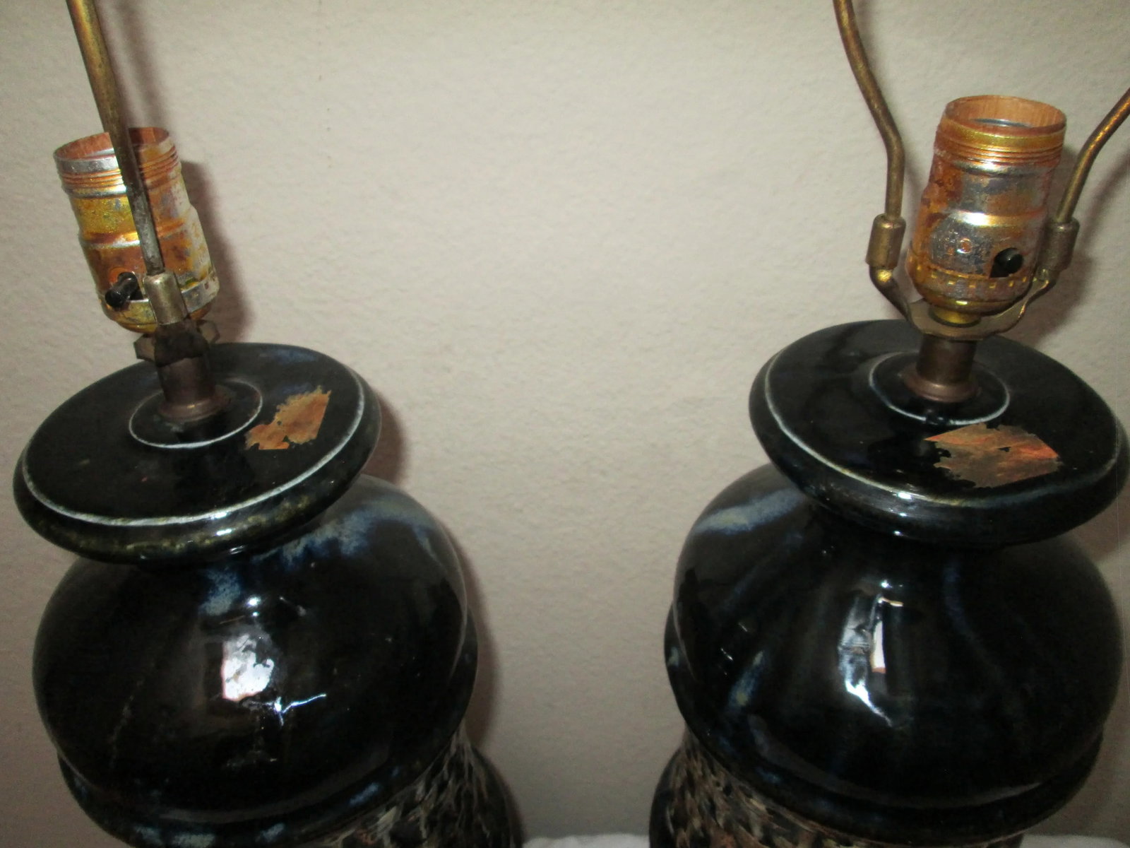 Mid Century Modern Black Ceramic Drip Gold Glaze Lamps - a Pair - 8