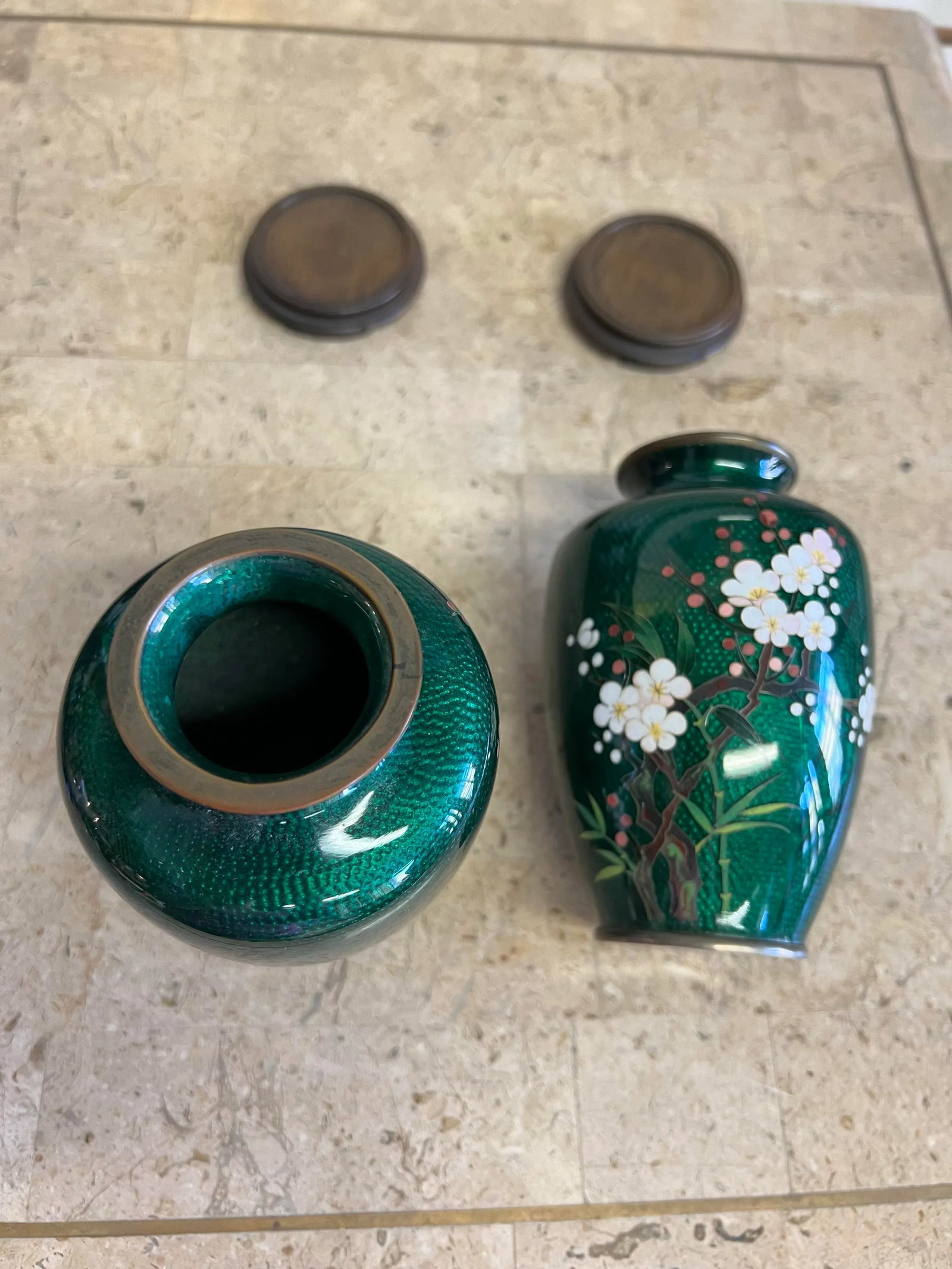 1960s Vintage Japanese Cloisonne Green Ginbari Foil Vases - a Pair - 10