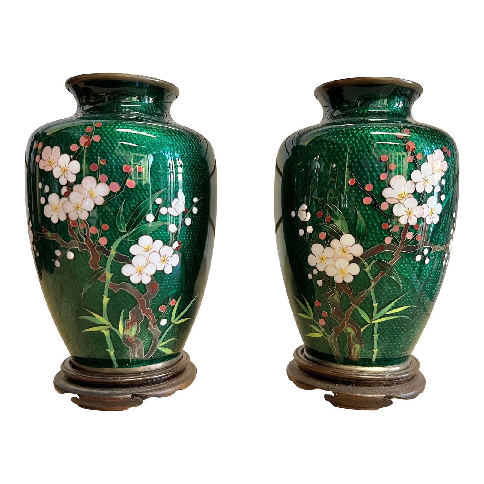1960s Vintage Japanese Cloisonne Green Ginbari Foil Vases - a Pair: This is a pair of vintage Japanese Cloisonne Green Ginbari Foil vase with stippled foil. They both have patterns of matching cherry blossoms. The back also has a pattern in the foil, but it is hard