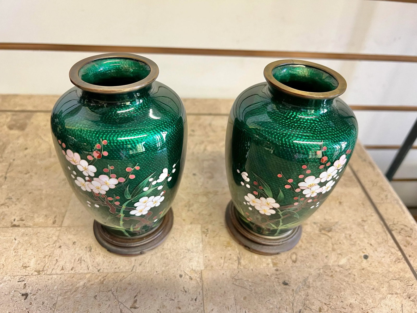 1960s Vintage Japanese Cloisonne Green Ginbari Foil Vases - a Pair - 2