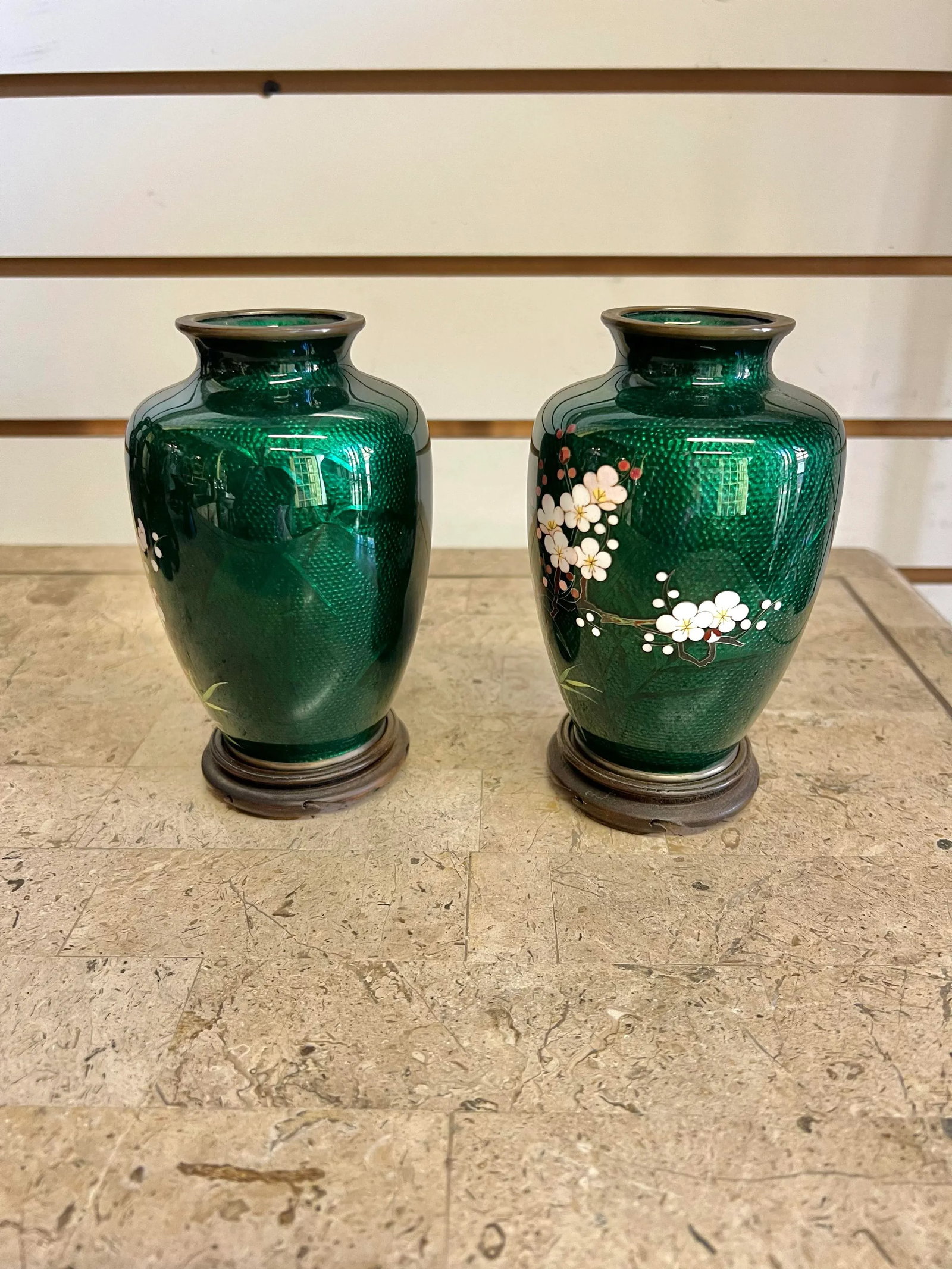 1960s Vintage Japanese Cloisonne Green Ginbari Foil Vases - a Pair - 3