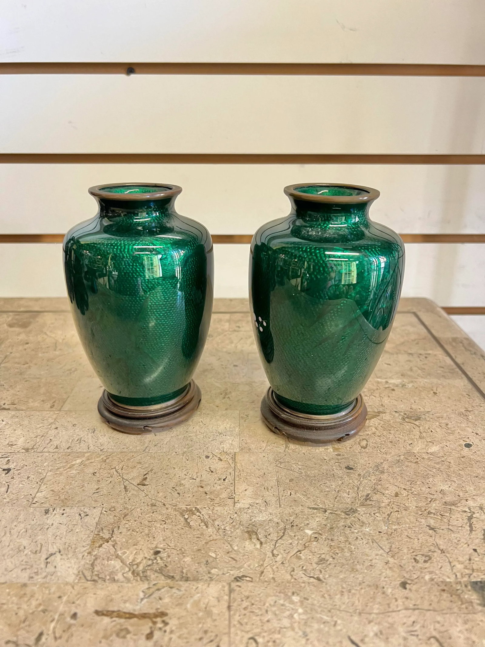 1960s Vintage Japanese Cloisonne Green Ginbari Foil Vases - a Pair - 4