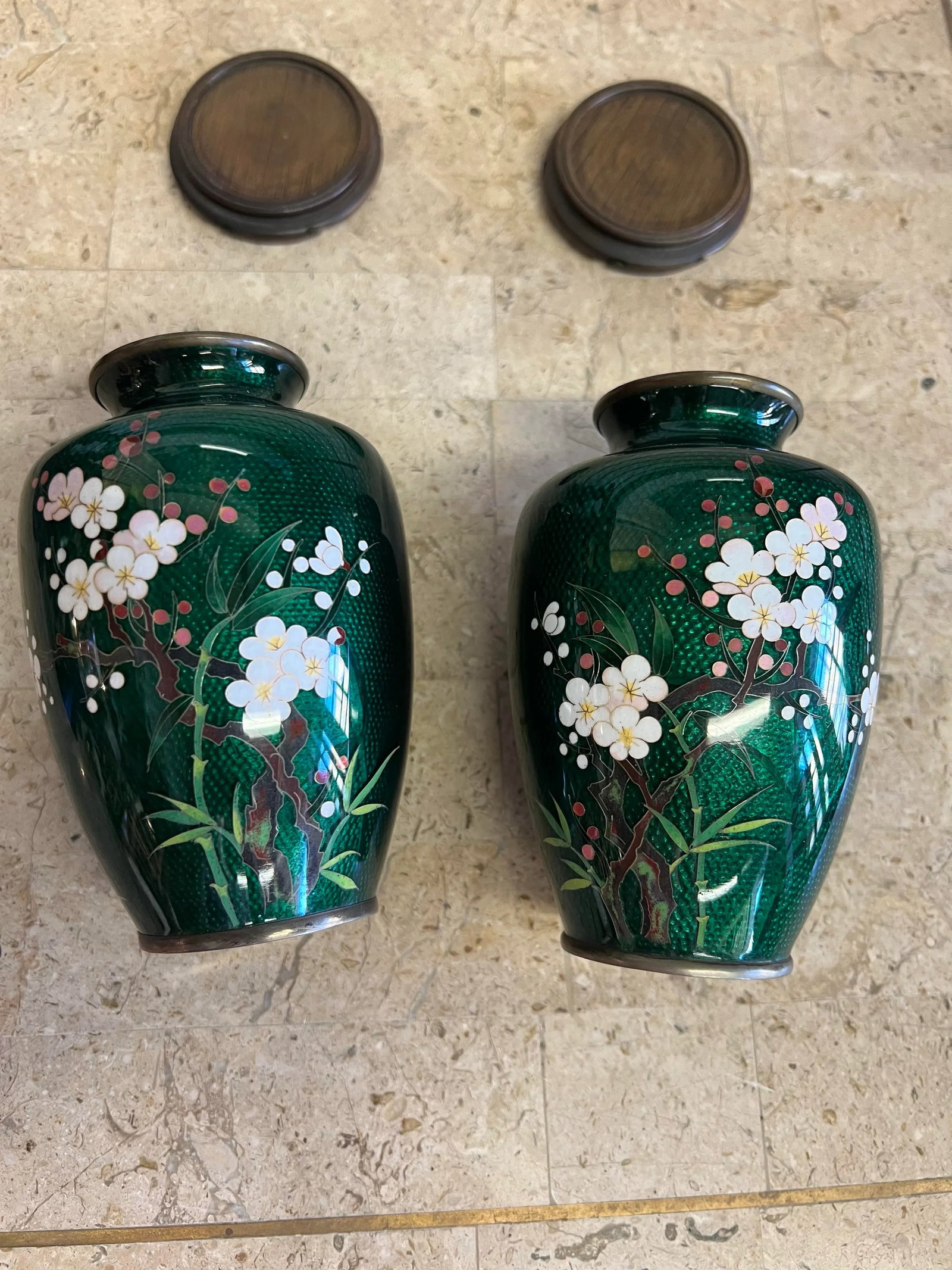 1960s Vintage Japanese Cloisonne Green Ginbari Foil Vases - a Pair - 5