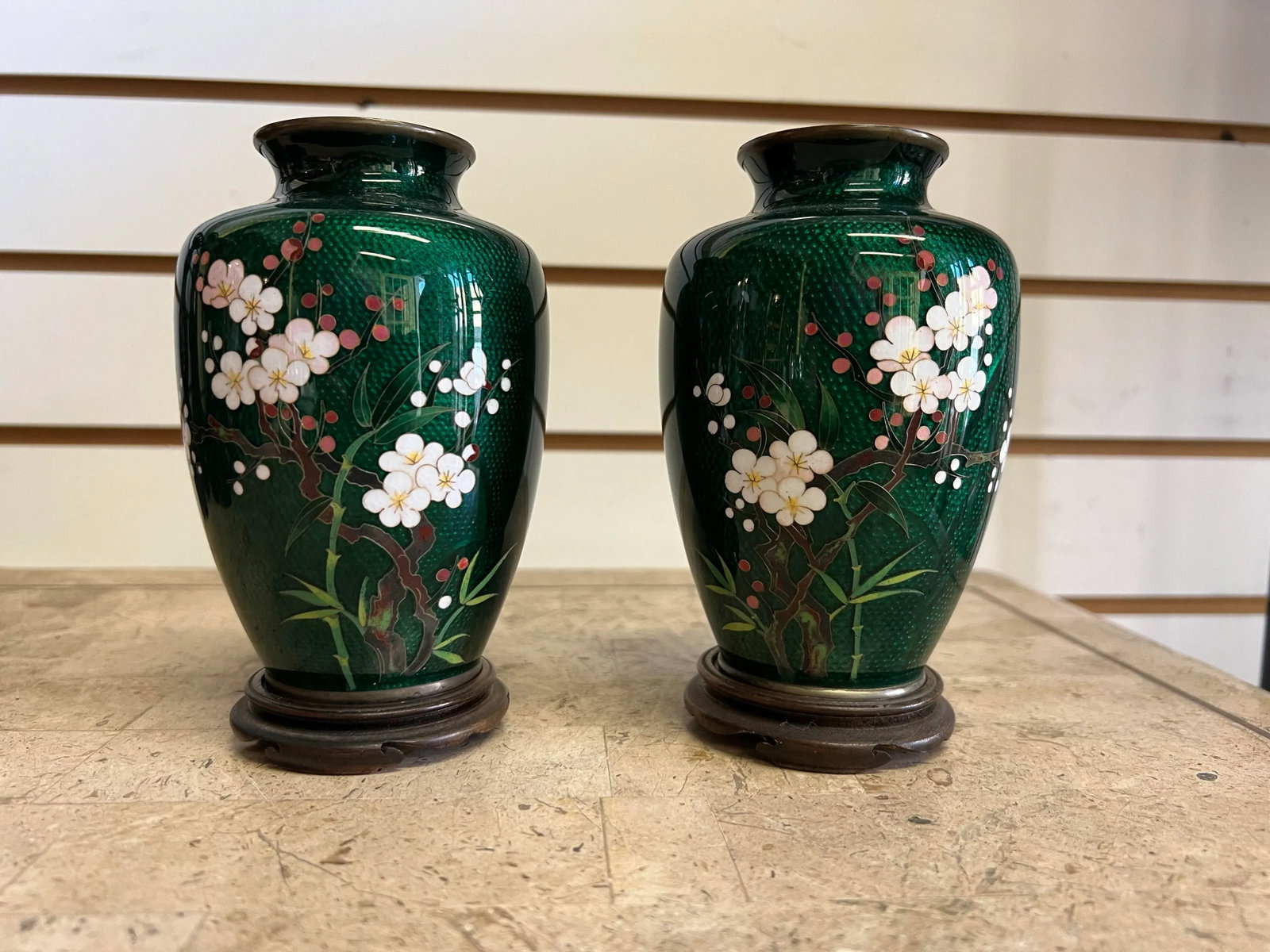 1960s Vintage Japanese Cloisonne Green Ginbari Foil Vases - a Pair - 6