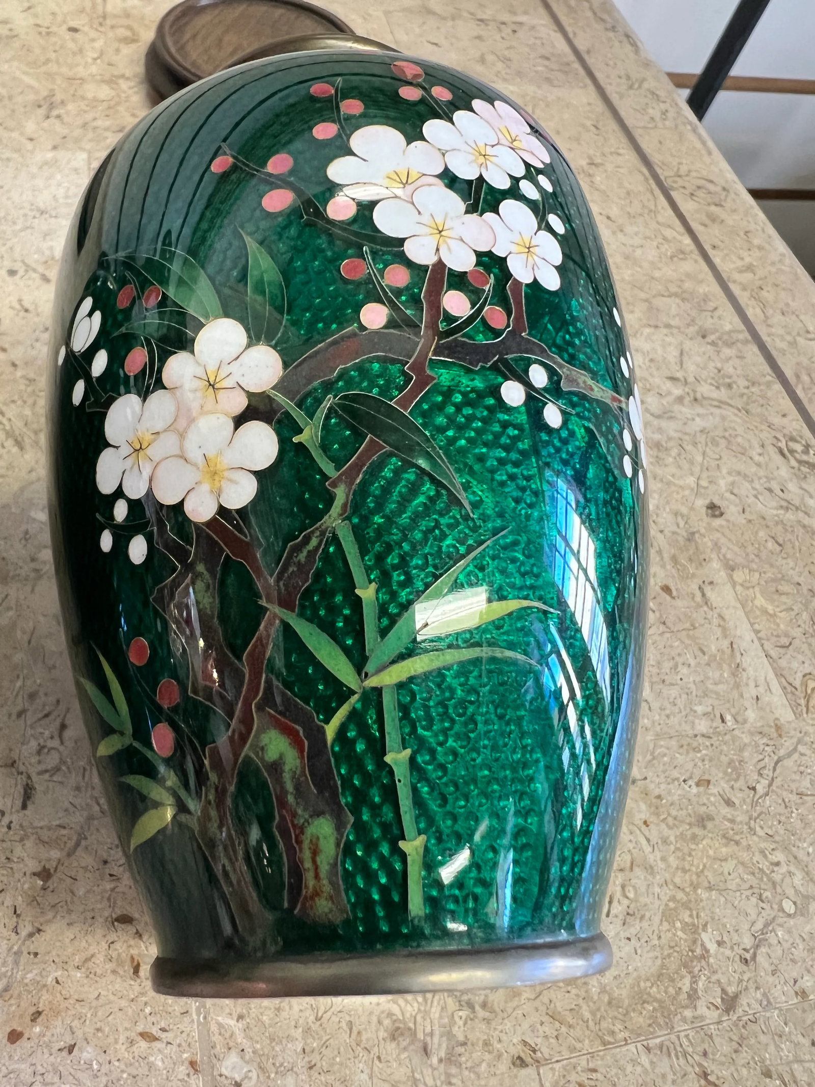 1960s Vintage Japanese Cloisonne Green Ginbari Foil Vases - a Pair - 7