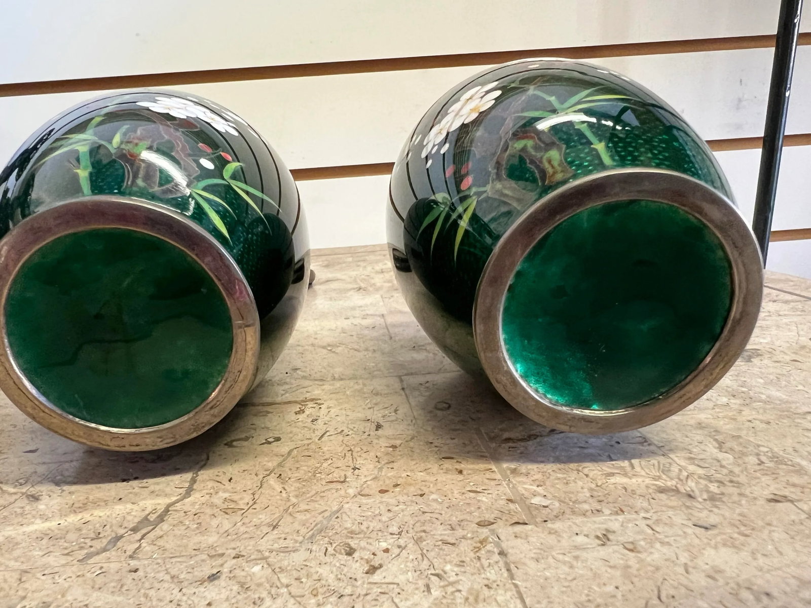1960s Vintage Japanese Cloisonne Green Ginbari Foil Vases - a Pair - 8