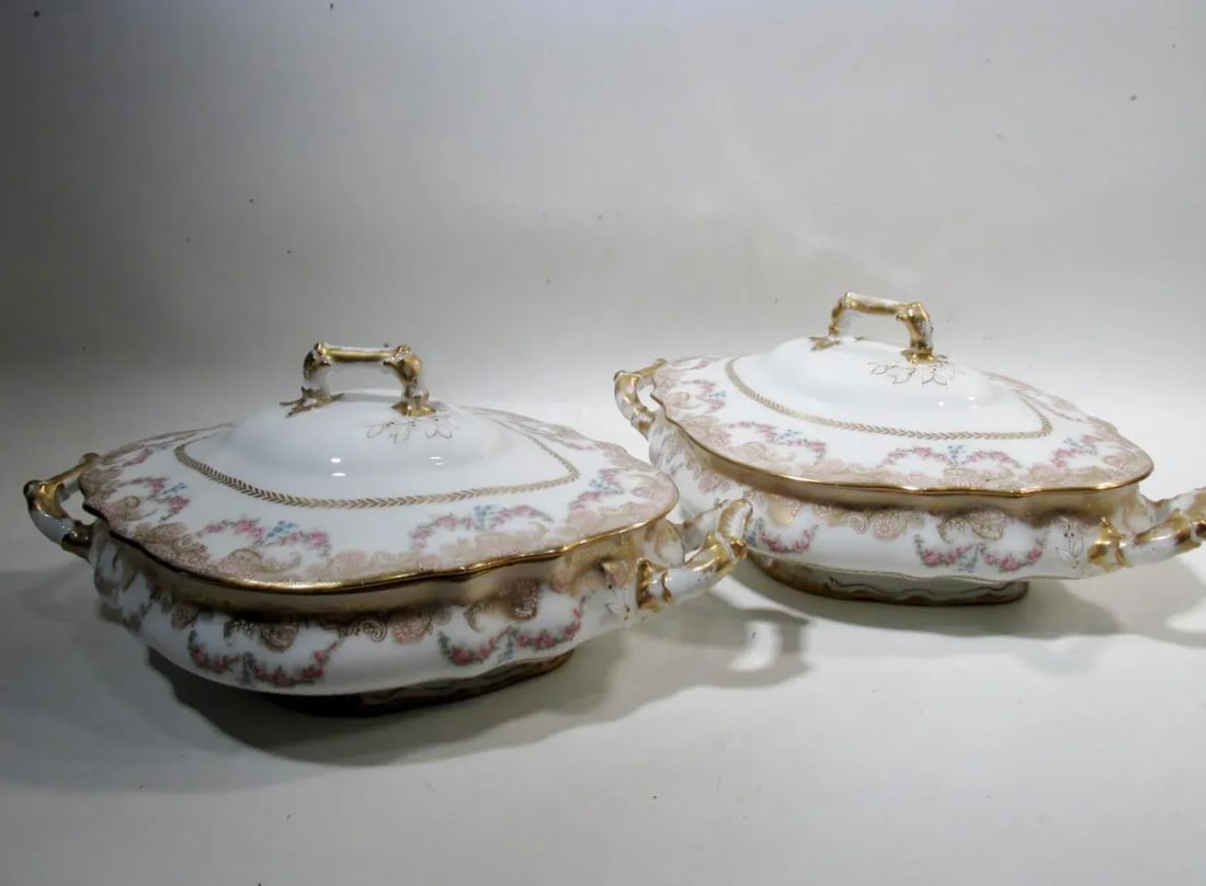 Antique Theodore Haviland Limoges Lafayette Pink Rose Swag Garland Casseroles - a Pair - 11