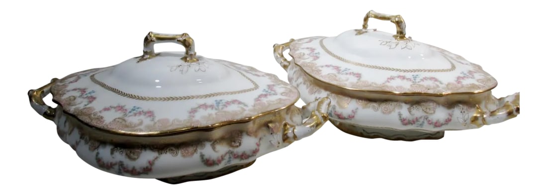 Antique Theodore Haviland Limoges Lafayette Pink Rose Swag Garland Casseroles - a Pair: Pair of 12" from handle to handle, 8" wide, and 5" to top of lid covered oval serving casseroles. Fine antique Limoges porcelain from Theodore Haviland Co., made in France and retailed by Higgins & Se