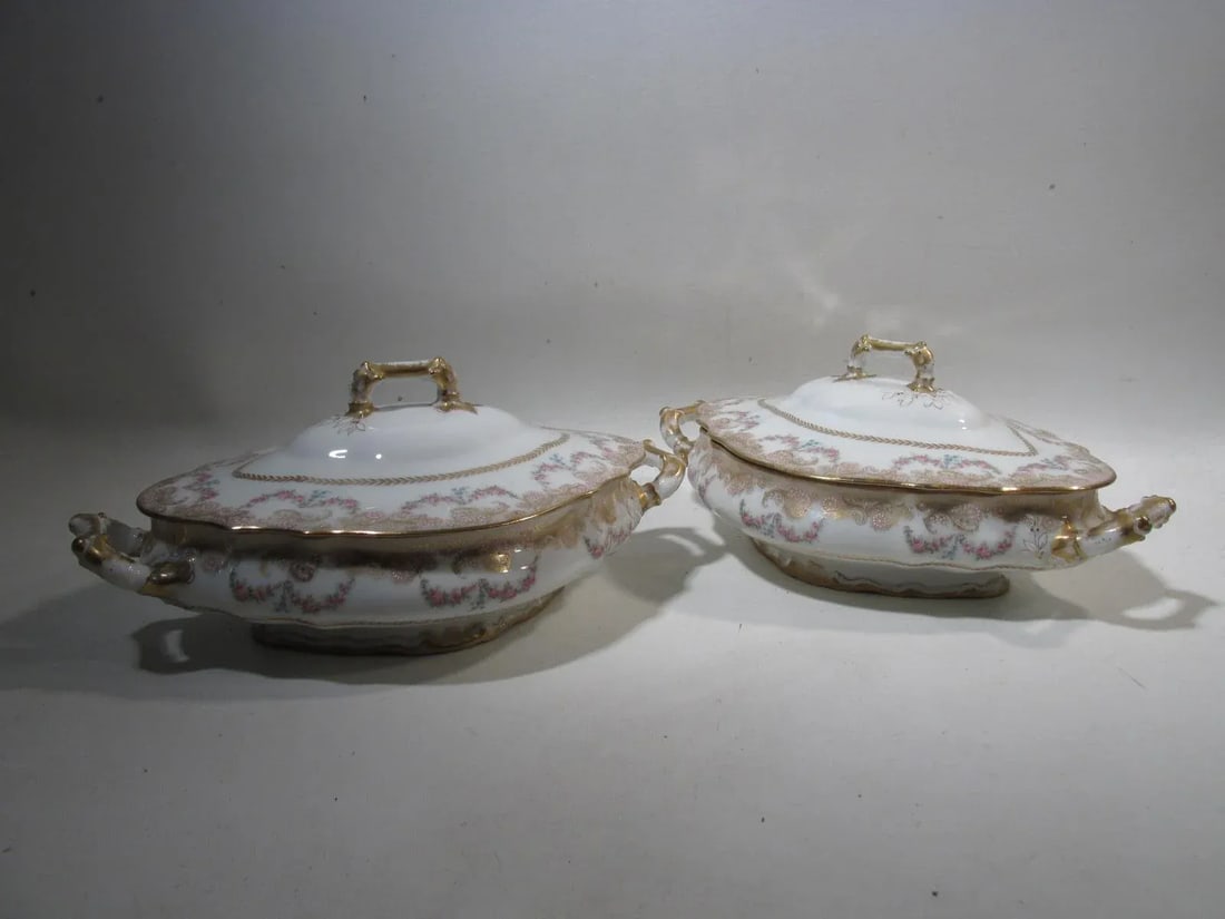 Antique Theodore Haviland Limoges Lafayette Pink Rose Swag Garland Casseroles - a Pair - 2