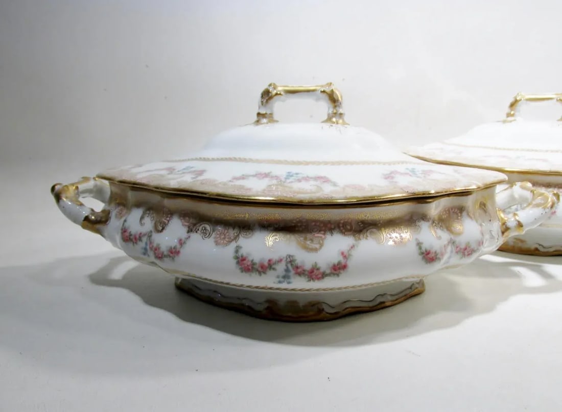 Antique Theodore Haviland Limoges Lafayette Pink Rose Swag Garland Casseroles - a Pair - 3