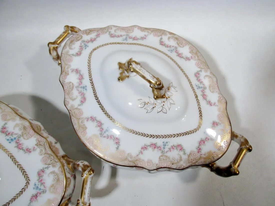Antique Theodore Haviland Limoges Lafayette Pink Rose Swag Garland Casseroles - a Pair - 4