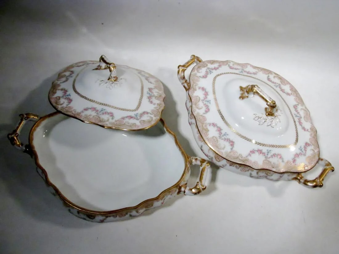 Antique Theodore Haviland Limoges Lafayette Pink Rose Swag Garland Casseroles - a Pair - 5