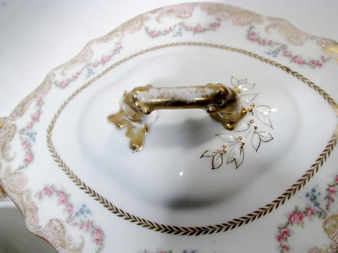 Antique Theodore Haviland Limoges Lafayette Pink Rose Swag Garland Casseroles - a Pair - 9