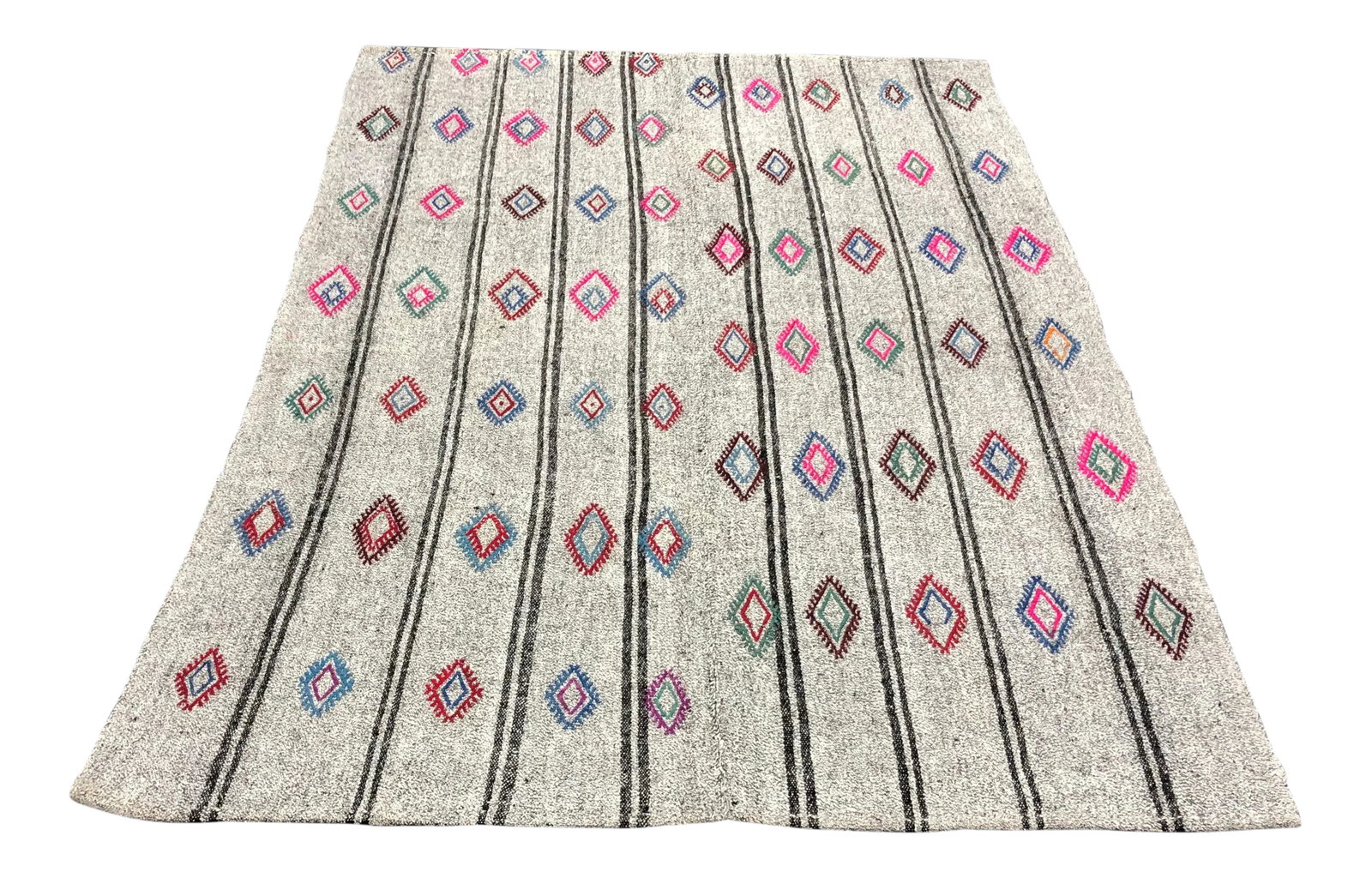 1960s Vintage Turkish Nomadic Embroidered Wool Kilim Rug - 5'8'' * 7'8'': This is a vintage Turkish wool kilim rug. The piece was made in the 1960s. Condition: Alterations: Original Condition Unaltered Imperfections: Some Imperfections Condition Notes: Excellent Origin: Tur
