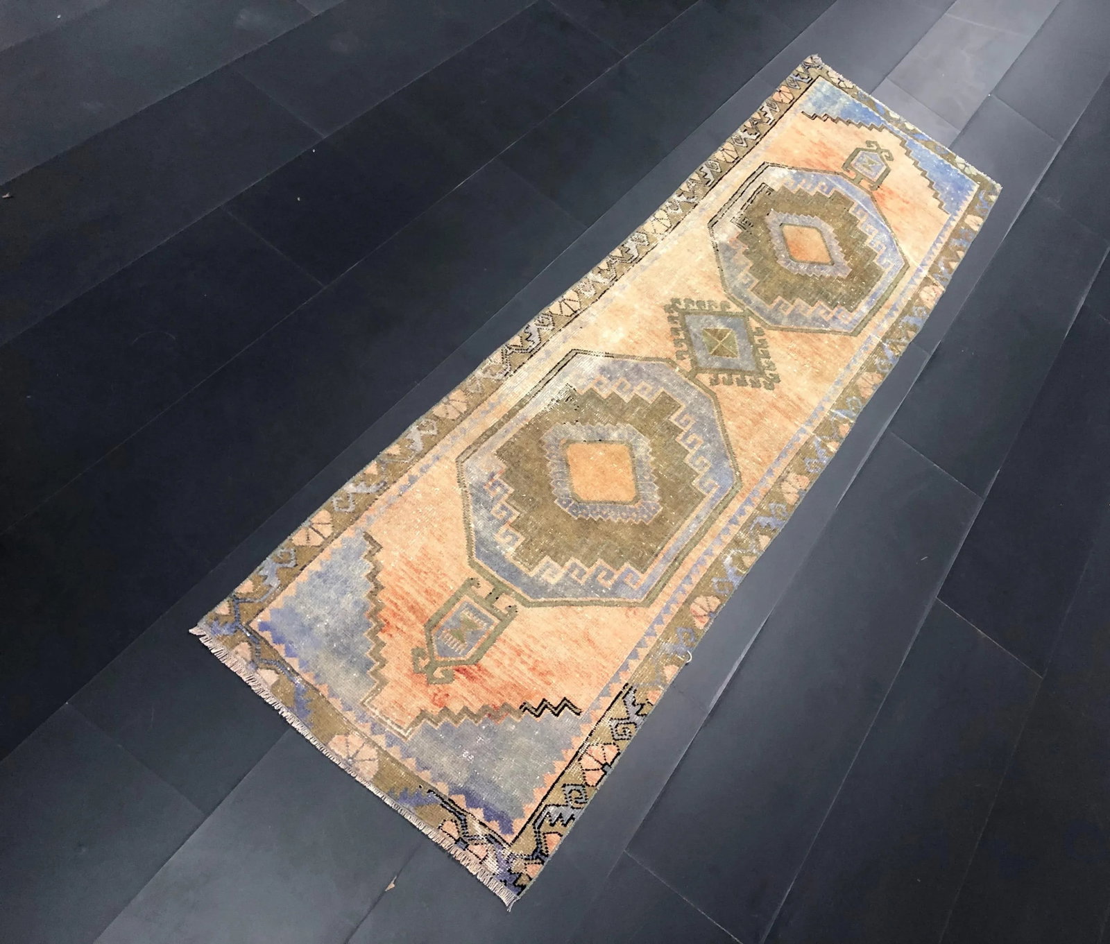 1960s Vintage Aztec Faded Vintage Turkish Anatolian Wool Runner-2'6'' * 8'9'' - 2