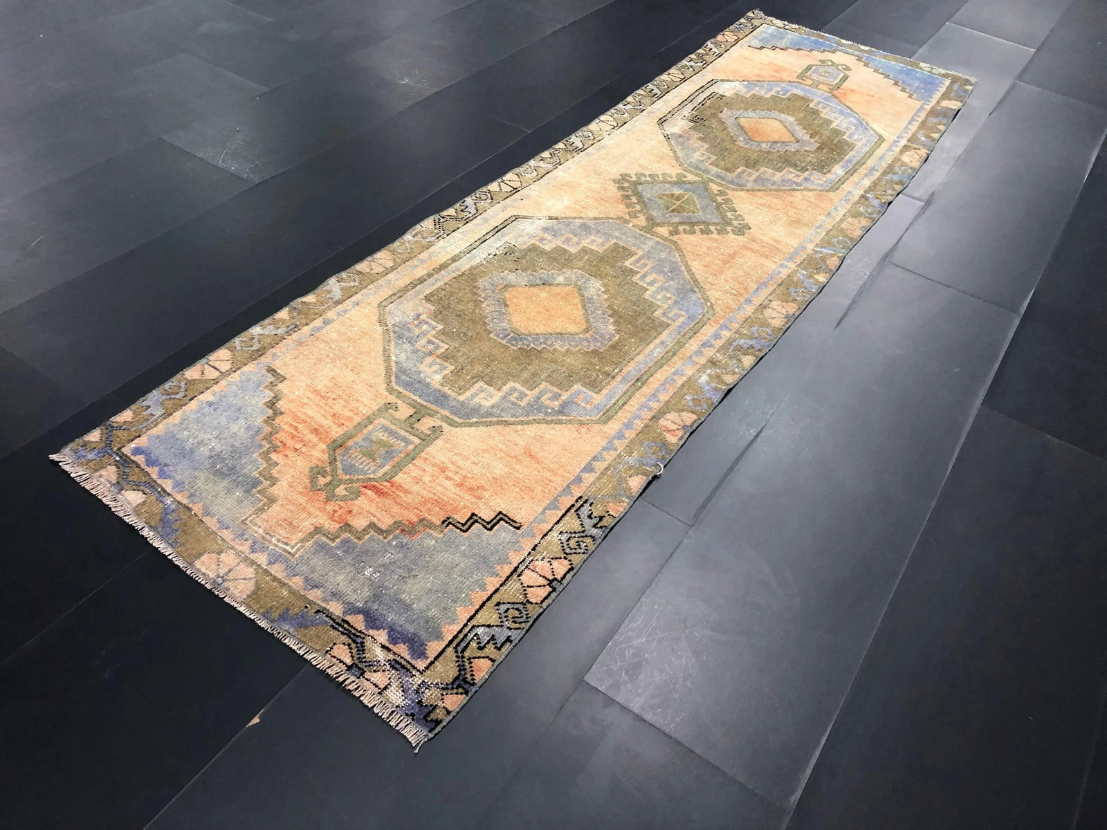1960s Vintage Aztec Faded Vintage Turkish Anatolian Wool Runner-2'6'' * 8'9'' - 3