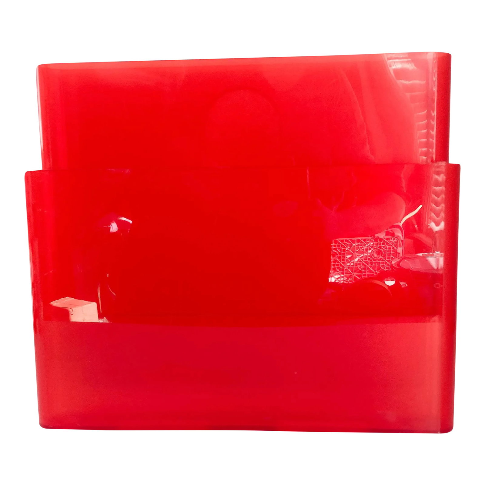 Giotto Stoppino for Kartell Translucent Red Magazine Holder, 1972 Italian Plastic Magazine Rack: What a functional yet architectural piece storage for your favorite books and magazines! This iconic silhouette from Kartell designed by Giotto Stoppino in 1972 is a pomegranate red, yet since it's