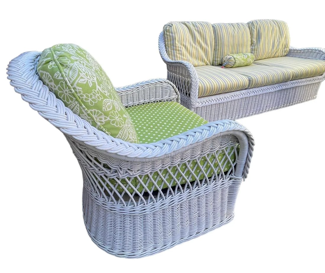 Mid 20th Century Vintage White Wicker Armchair by Henry Link with Sunbrella Upholstery - 3