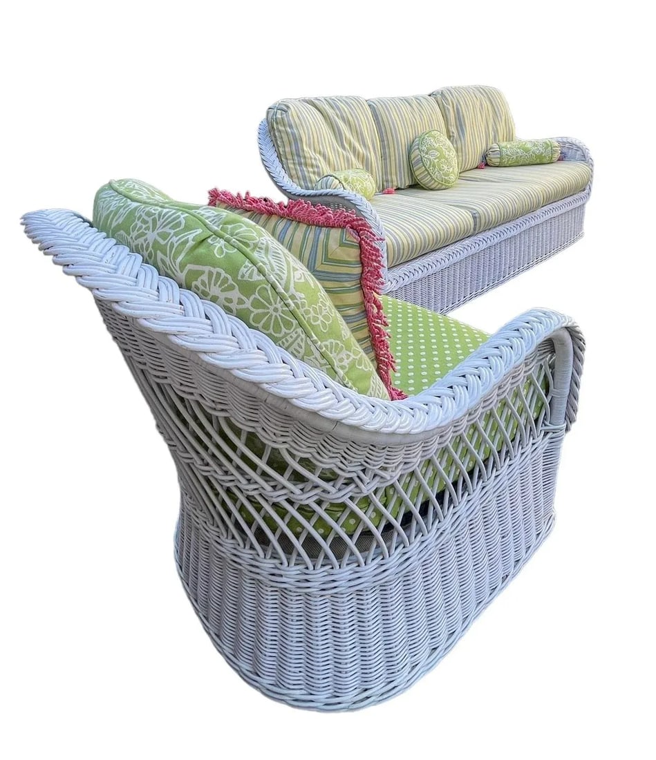 Mid 20th Century Vintage White Wicker Armchair by Henry Link with Sunbrella Upholstery - 7