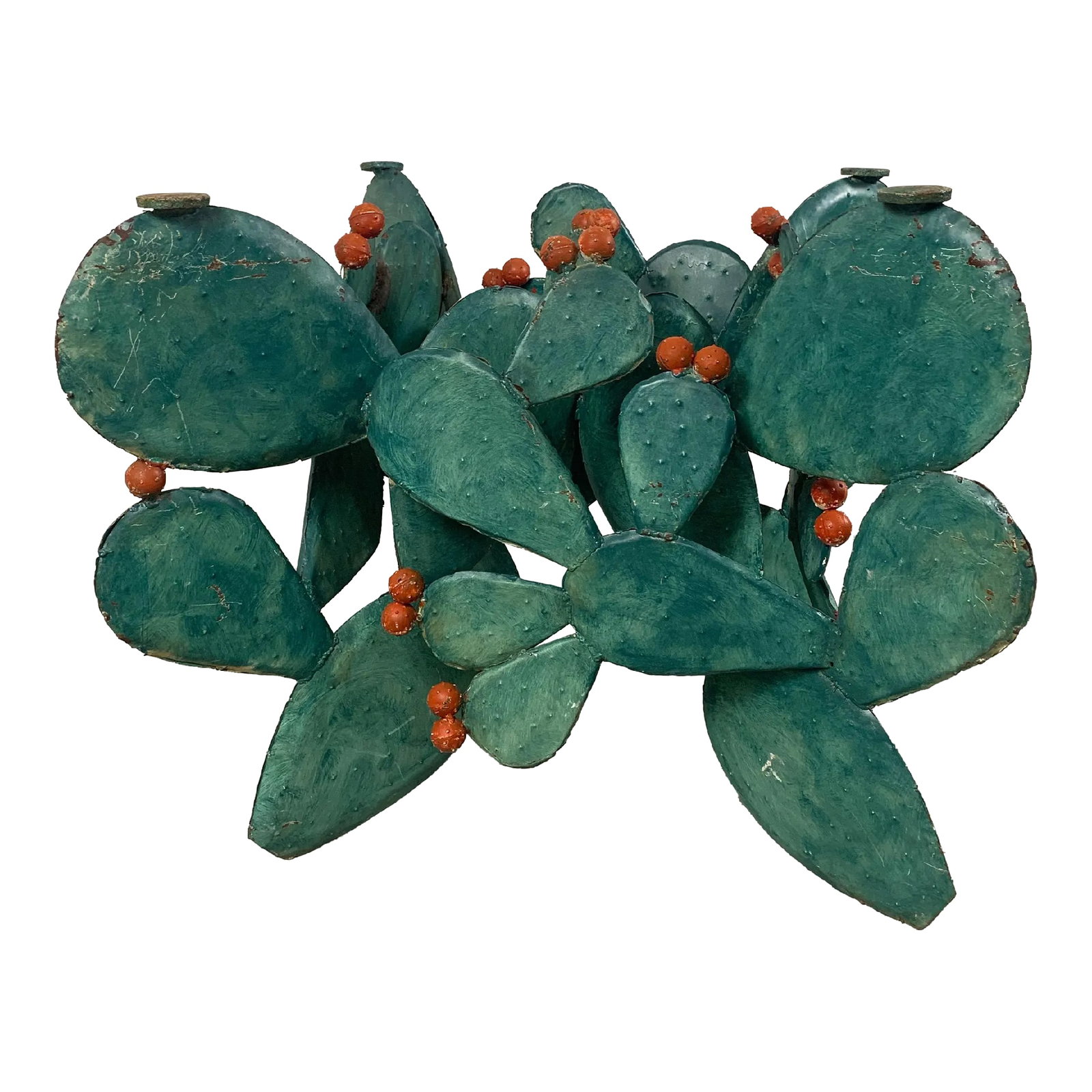 Prickly Pear Cactus Sculpture / Table Base: Metal Prickly pear cactus sculpture / table base is stunning in it's presence, very artistic in the design for this table base. original finish with normal wear for its age. Condition: Alterations: Or
