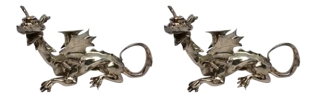 Victorian Silverplate Chinoiserie Dragon Candle Holders - a Pair: Pair of Victorian silver plated Chinoiserie dragon candle holders. These dragons resemble the dragons in the Brighton Pavilion. Photos with the blue paper is the second dragon. Beautifully designed