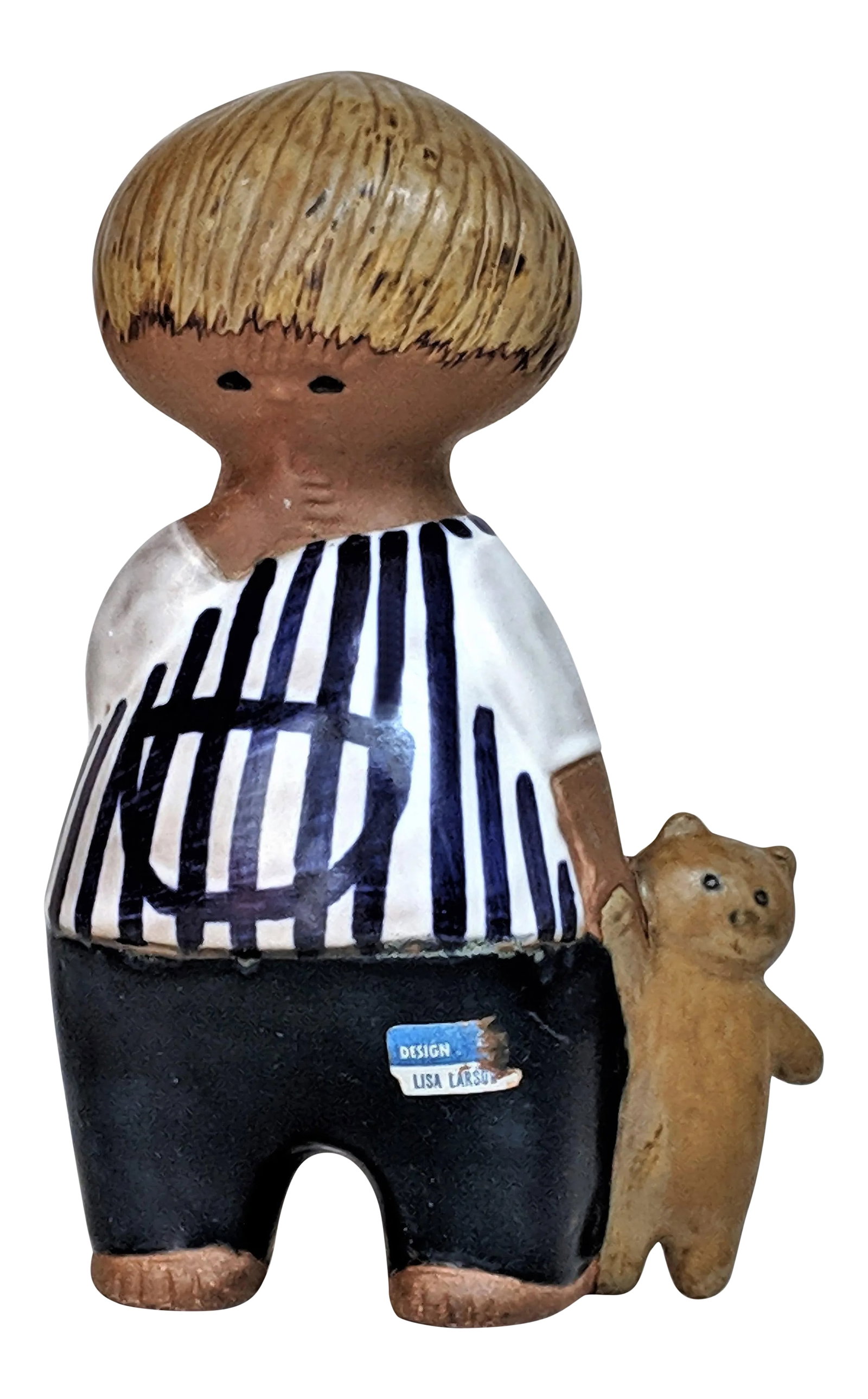 Lisa Larson Gustavsberg Sweden Malin Boy With Teddy Bear Figurine: Adorable Gustavsberg Sweden "Malin" boy with teddy bear figurine designed by Lisa Larson as part of her "Ungar" children collection. Hand painted blue and brown stoneware boy figurine with striped shi