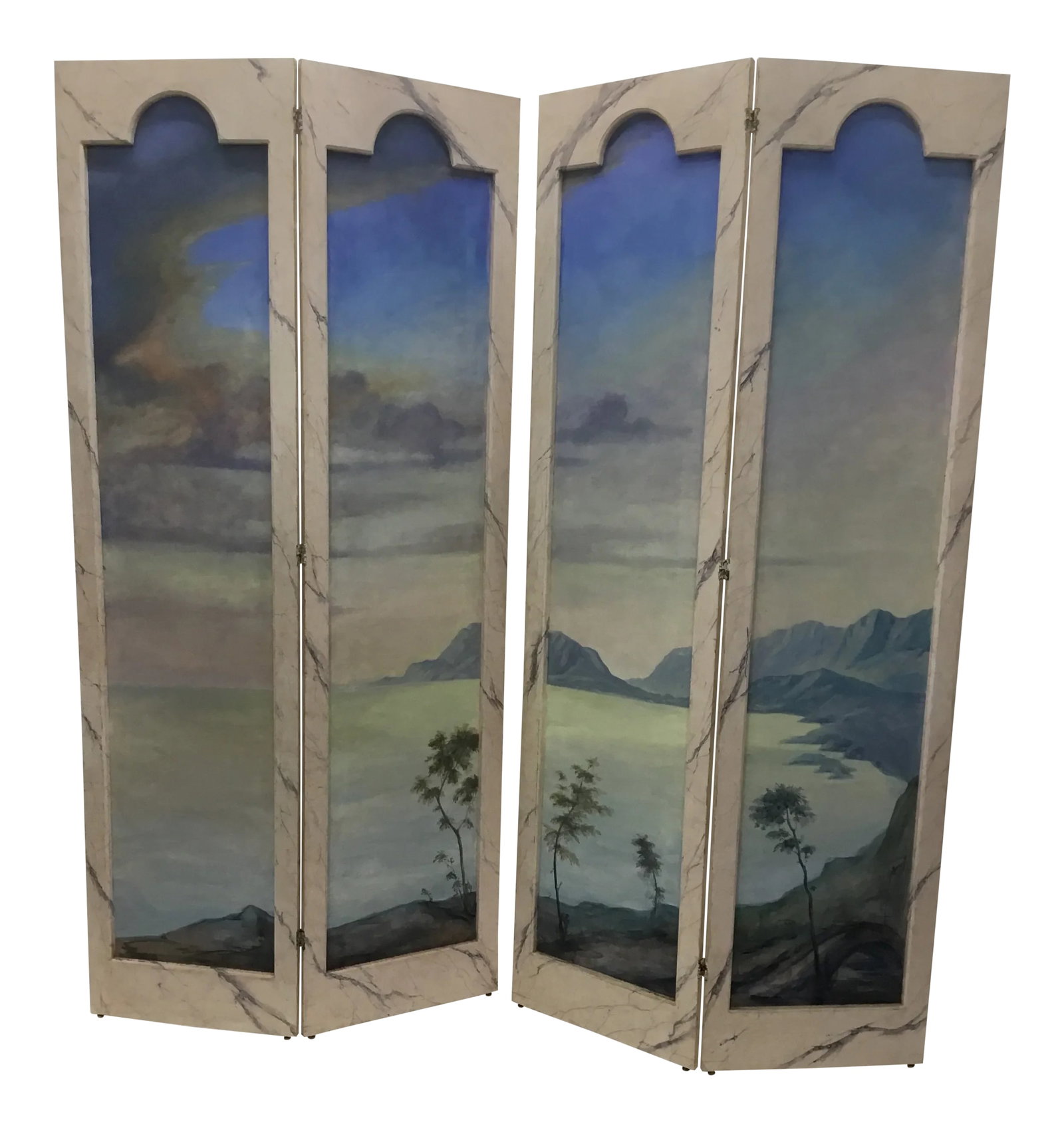 1920s Two- Fold Vintage Wood and Canvas Painted Dressing Screens - a Pair: Beautiful vintage hand painted dressing screen . Can be used as one four panel or a pair of two panels . Wood frame with canvas inside panels . One site painted with Mediterranean landscape , faux- ma