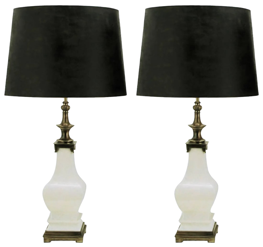 Pair of White Crackle Glazed Ceramic and Brass Table Lamps Attributed to Stiffel (1 of 7)