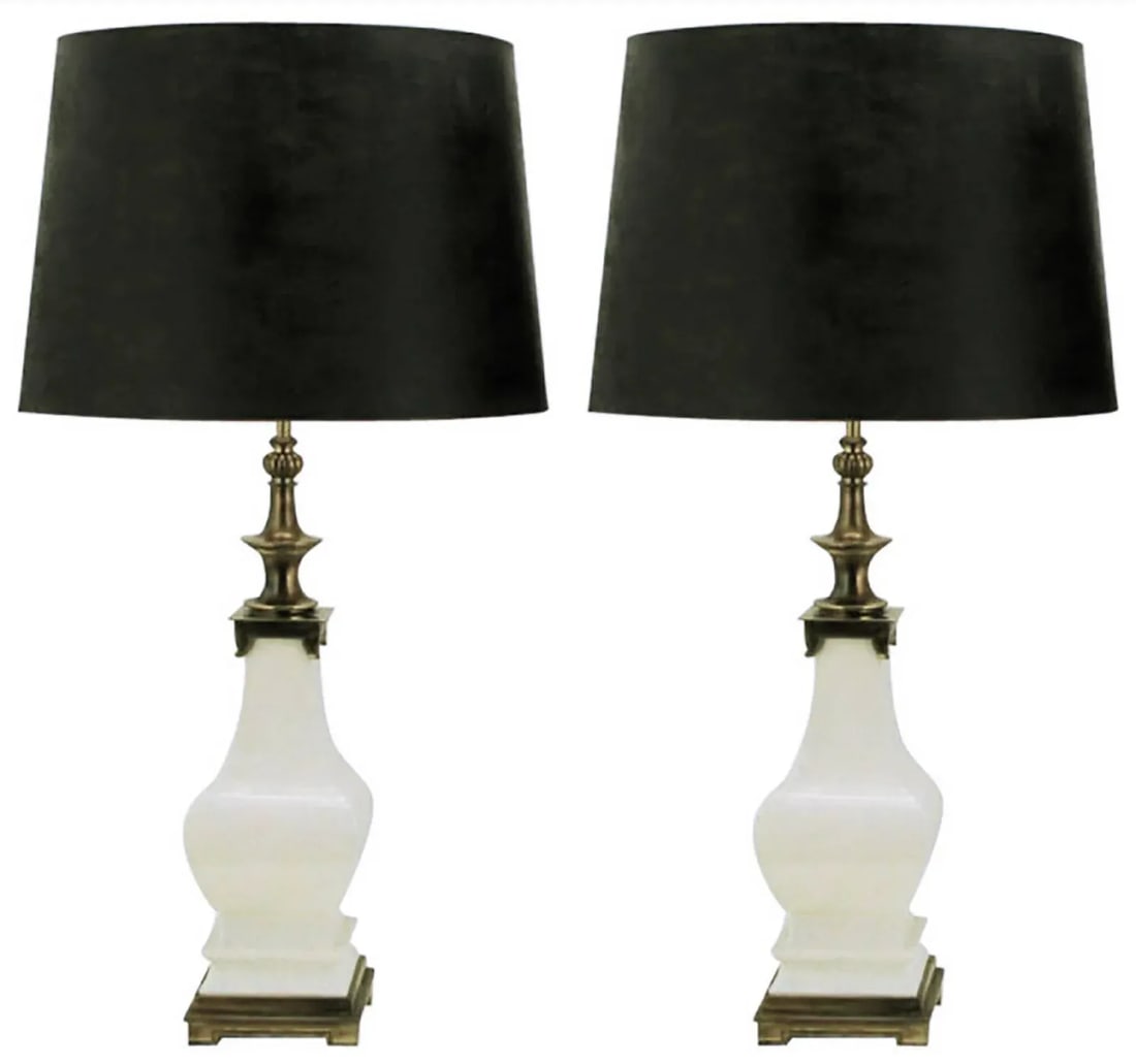 Pair of White Crackle Glazed Ceramic and Brass Table Lamps Attributed to Stiffel - 7