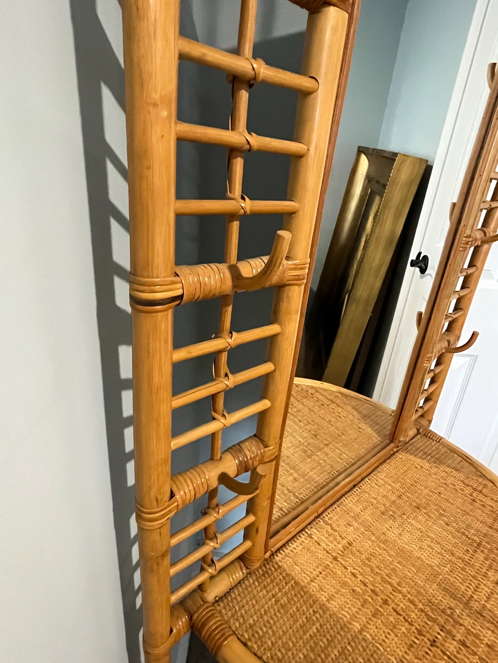 1960's Sculpted Rattan Cane Mirrored Hall Tree Coat Rack - 11