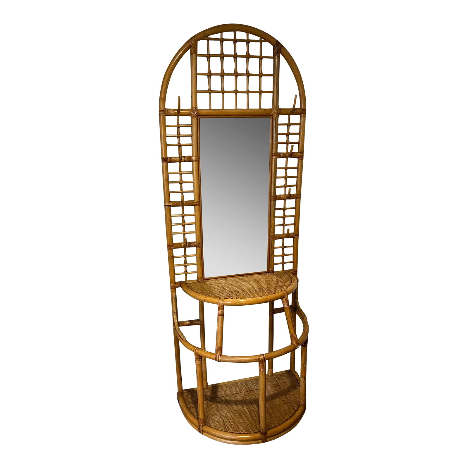 1960's Sculpted Rattan Cane Mirrored Hall Tree Coat Rack (1 of 12)